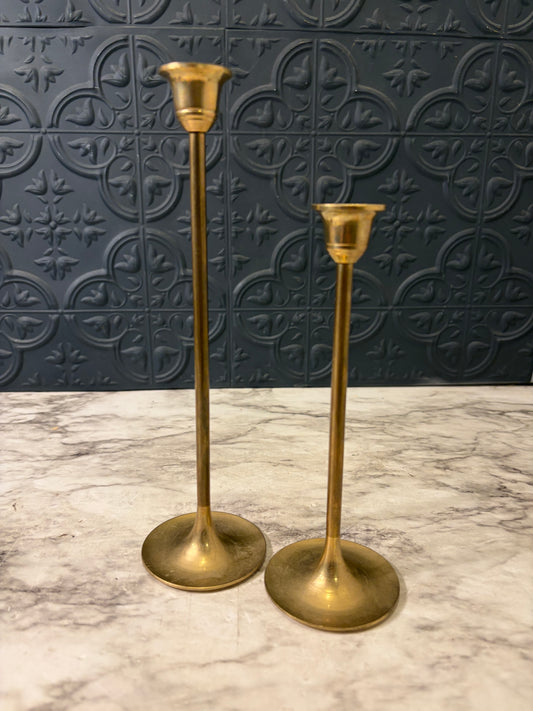 9 and 7" Skinny Brass Candlestick Pair