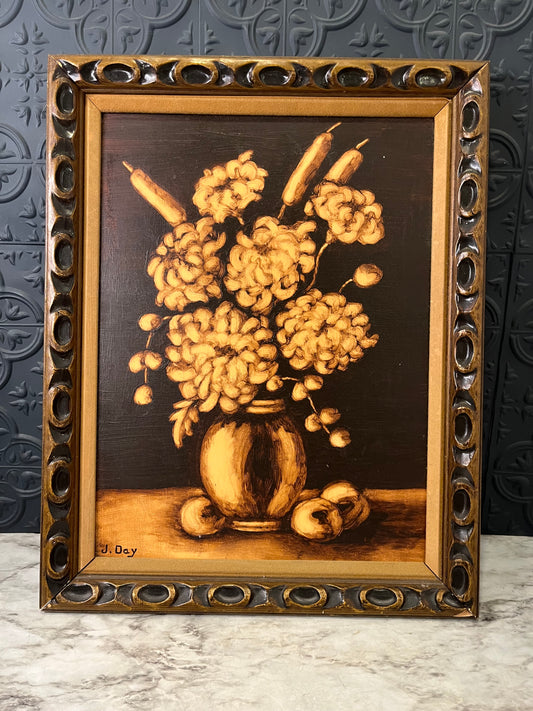 Monocramatic Flowers in Vase on Board Framed