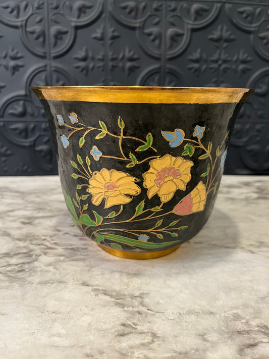 Cloisonne enameled Brass Pot  Navy with flowers