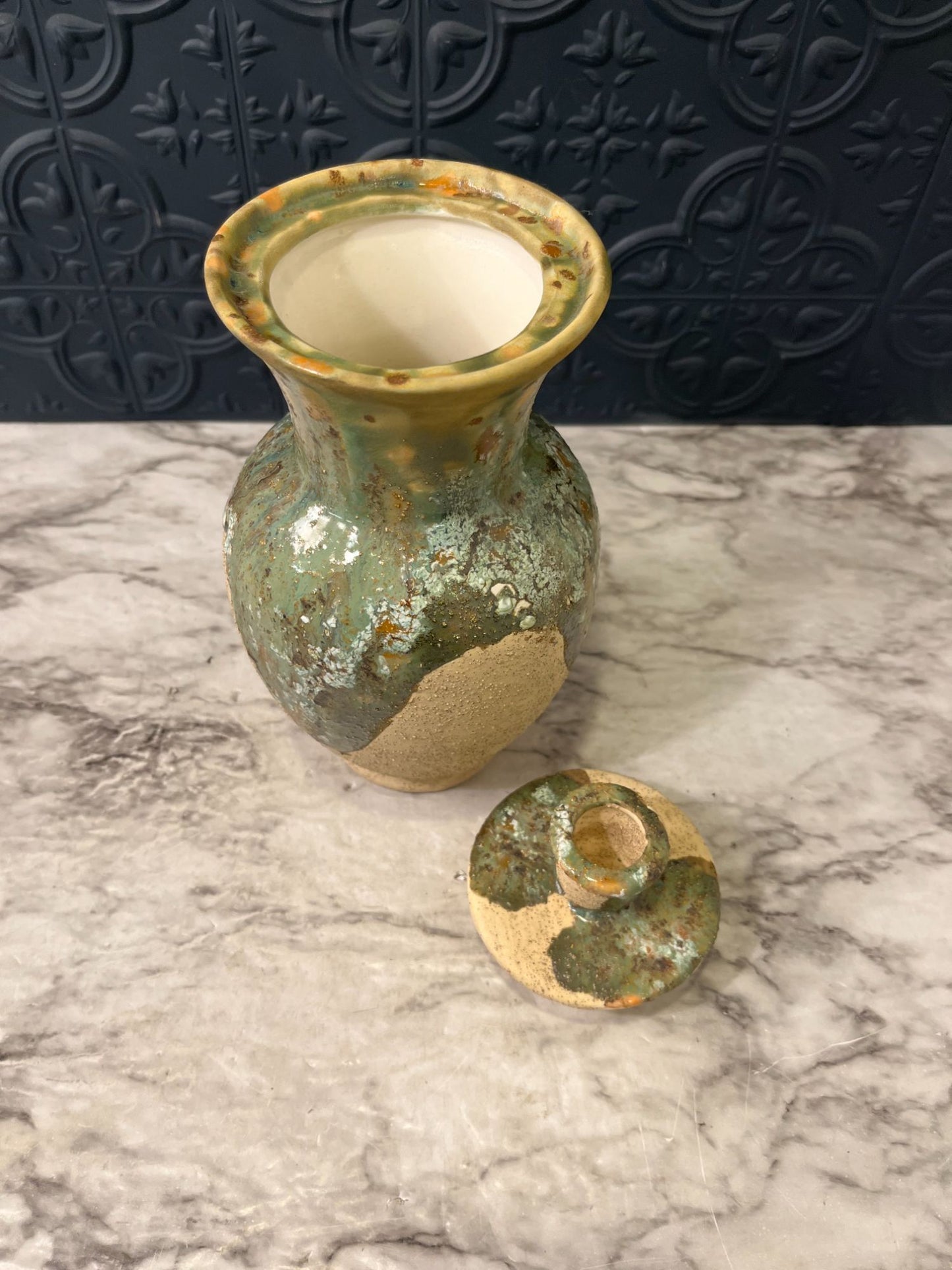 Rough Tan Pottery Jar with Lid  and green drip