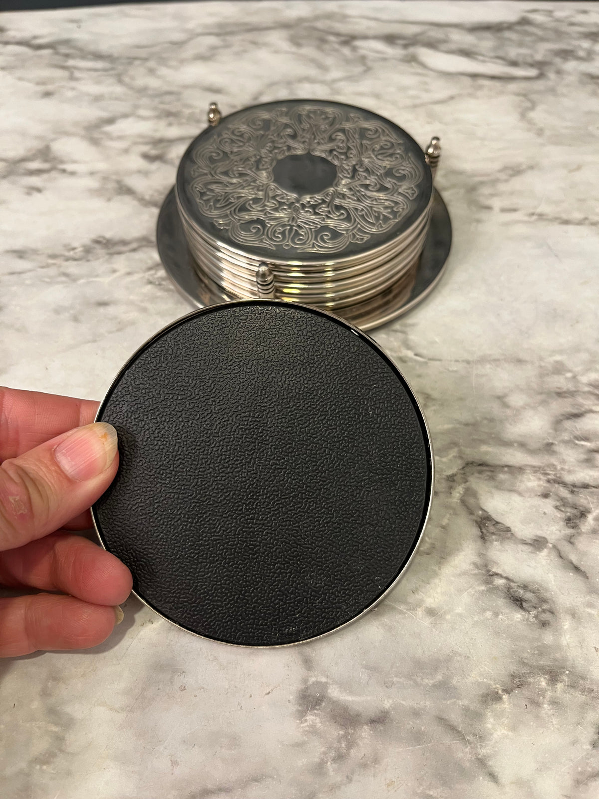 Set of 6 Silver Plate Etched Coasters