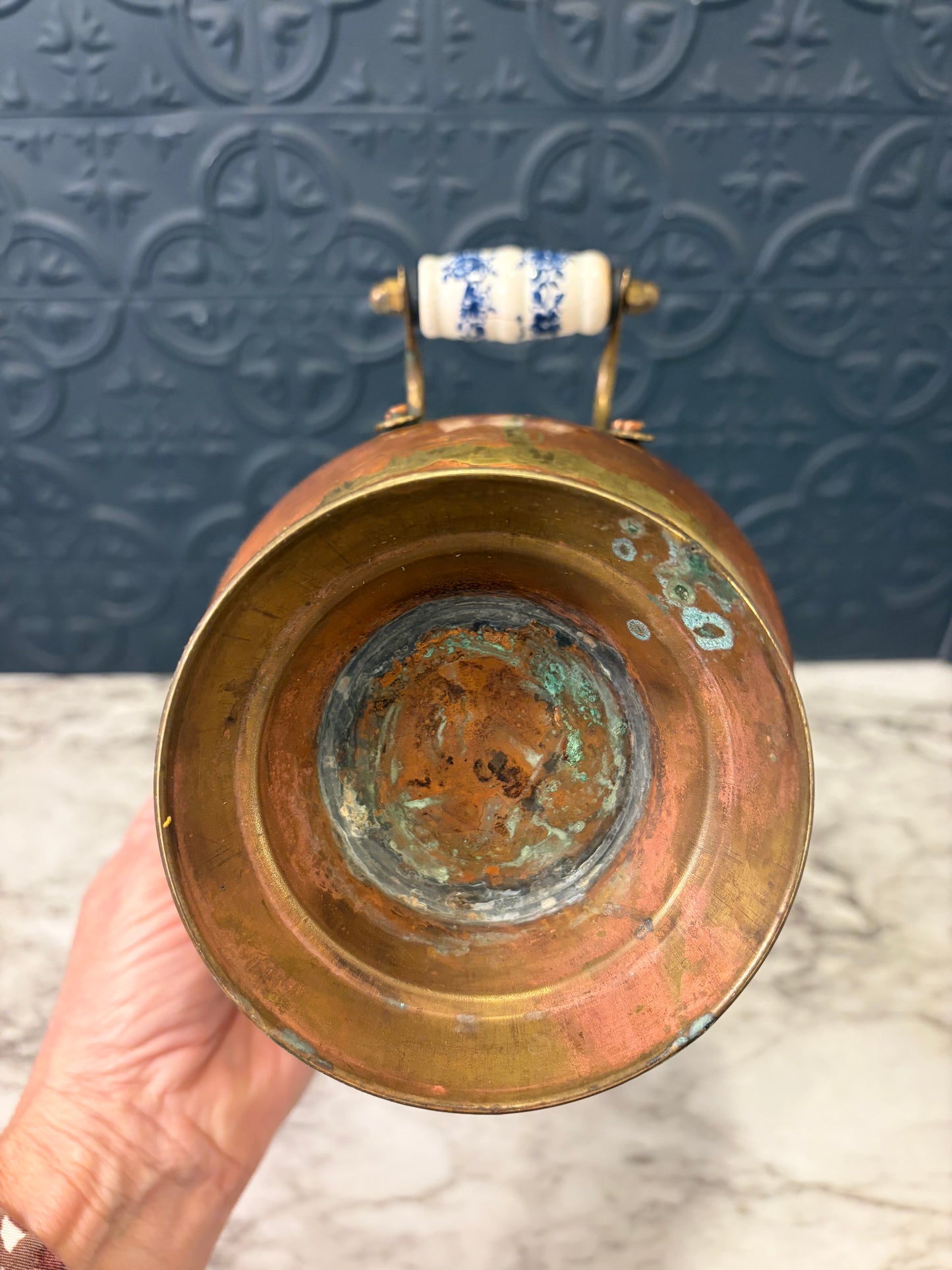 Small Copper Scuttle with Porcelain Handle