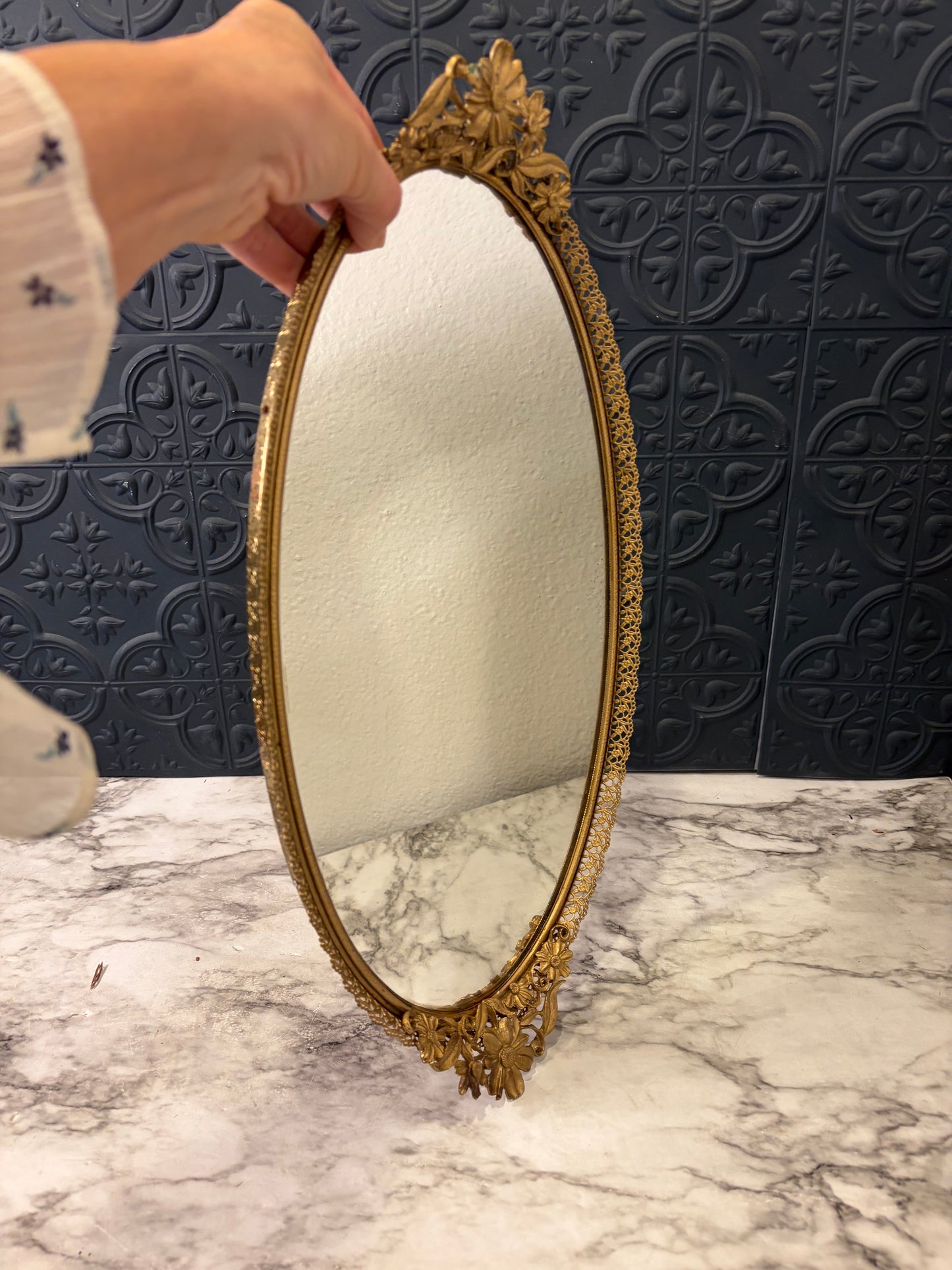Vintage Oval Mirror Tray with Flower Handles 18"