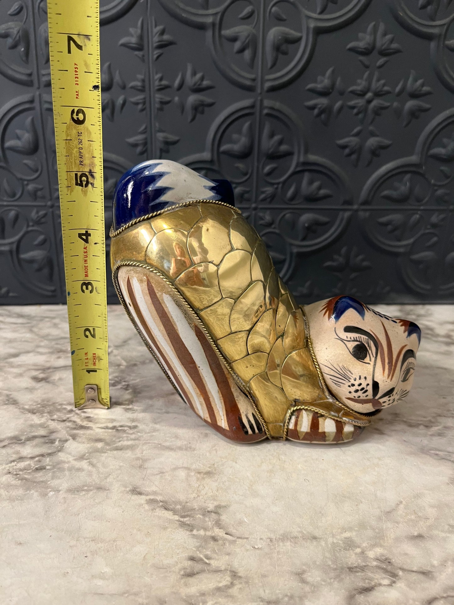 Vintage Tonala Mexican Stretching Ceranic Cat with Brass Scales