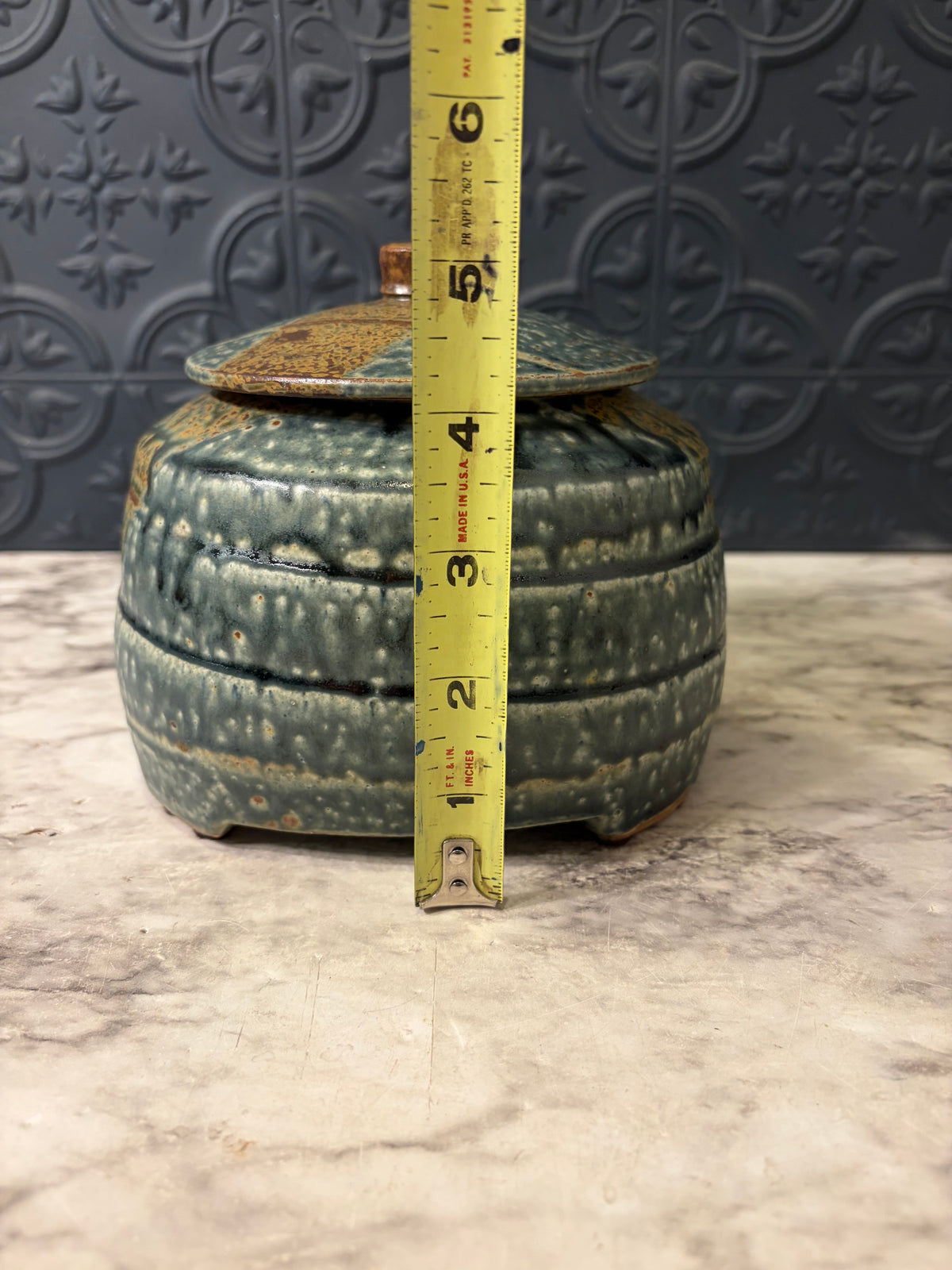 Blue and Brown Glazed Pottery Jar with Lid