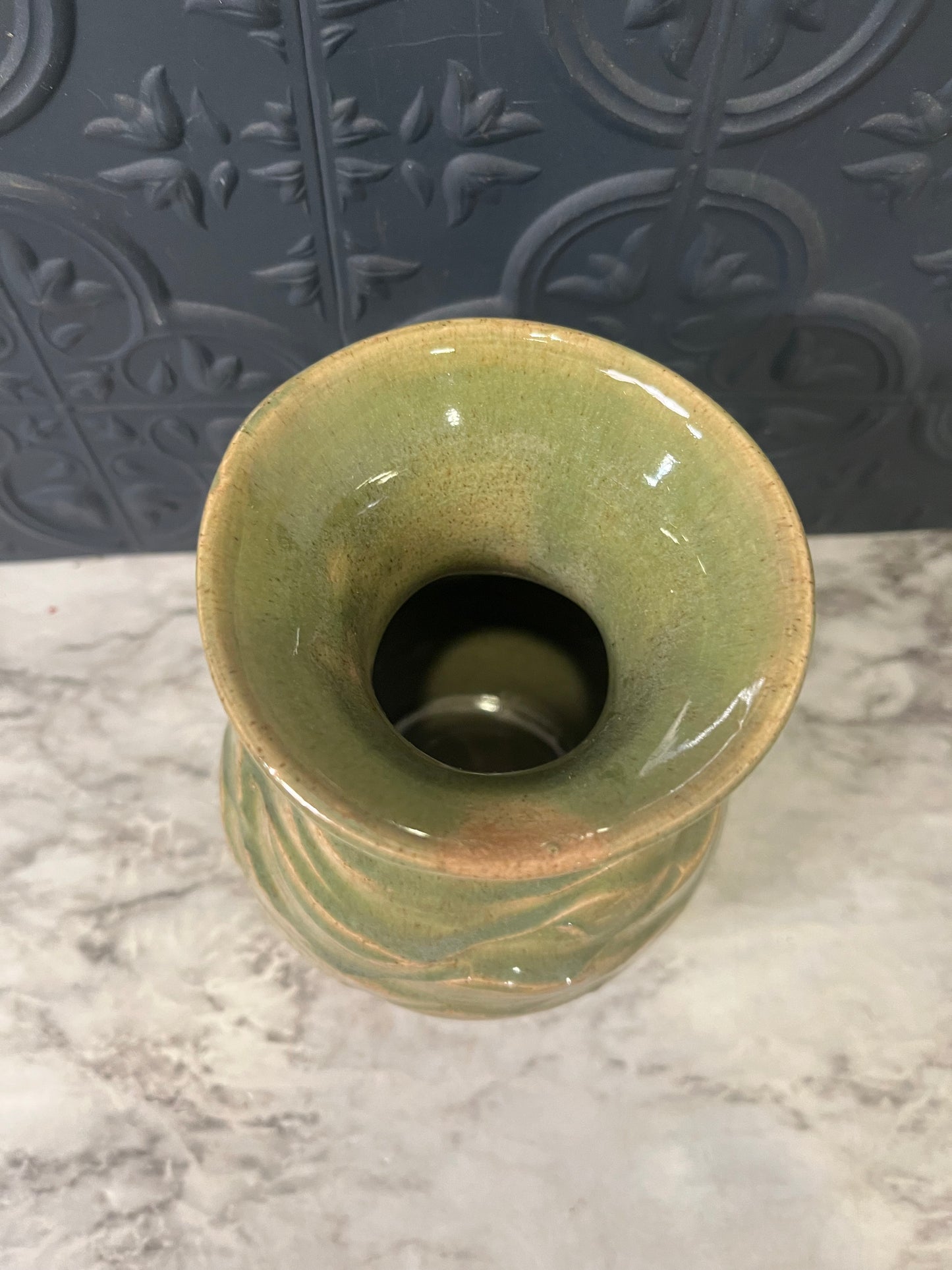 Studio Pottery Green with Wave Design