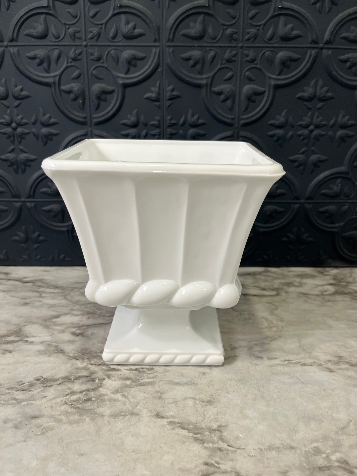 White Milk Glass Pedestal Planter Square with Rope detail