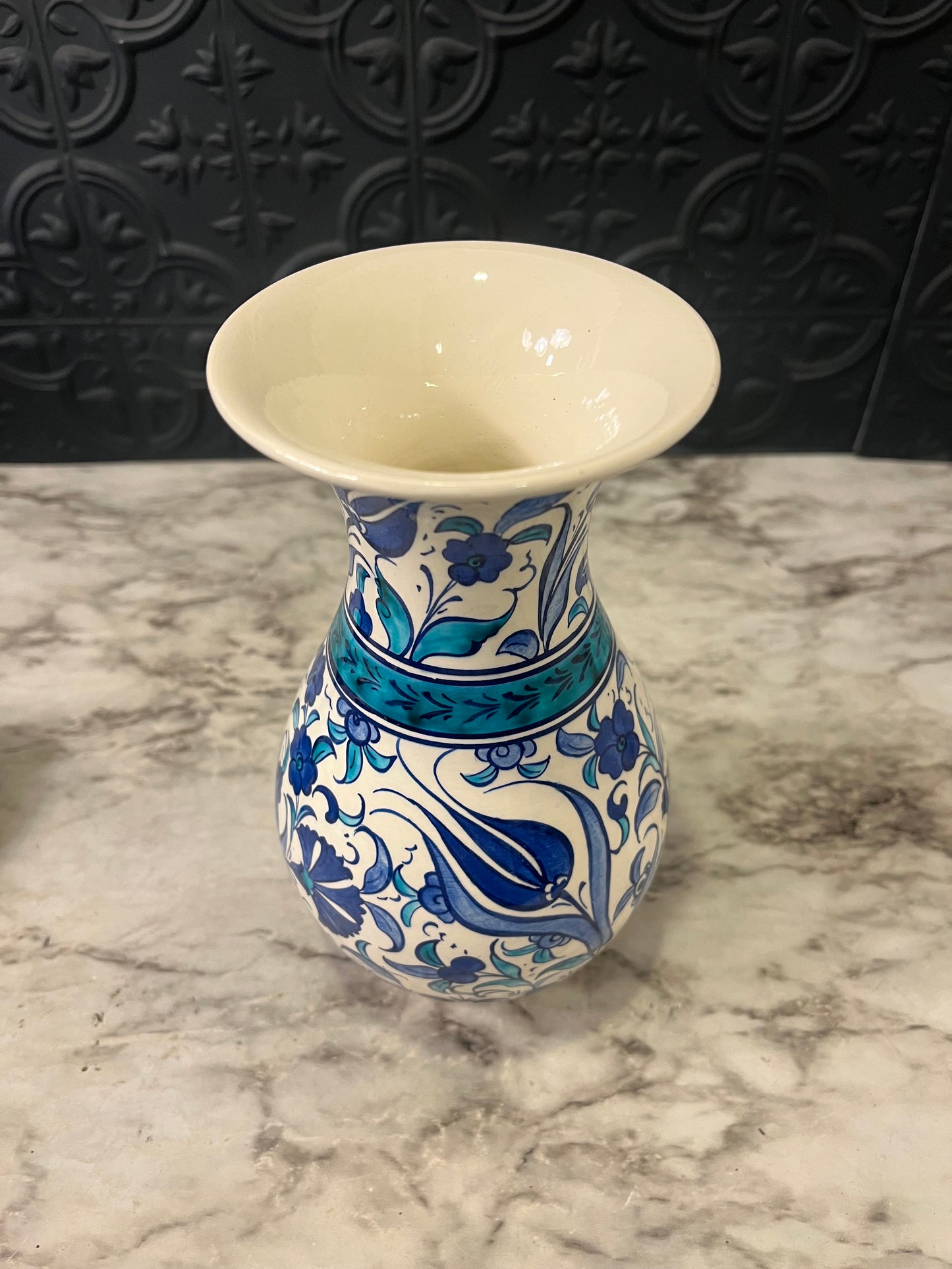 Turkish Pottery White Vase with blue and Turquoise