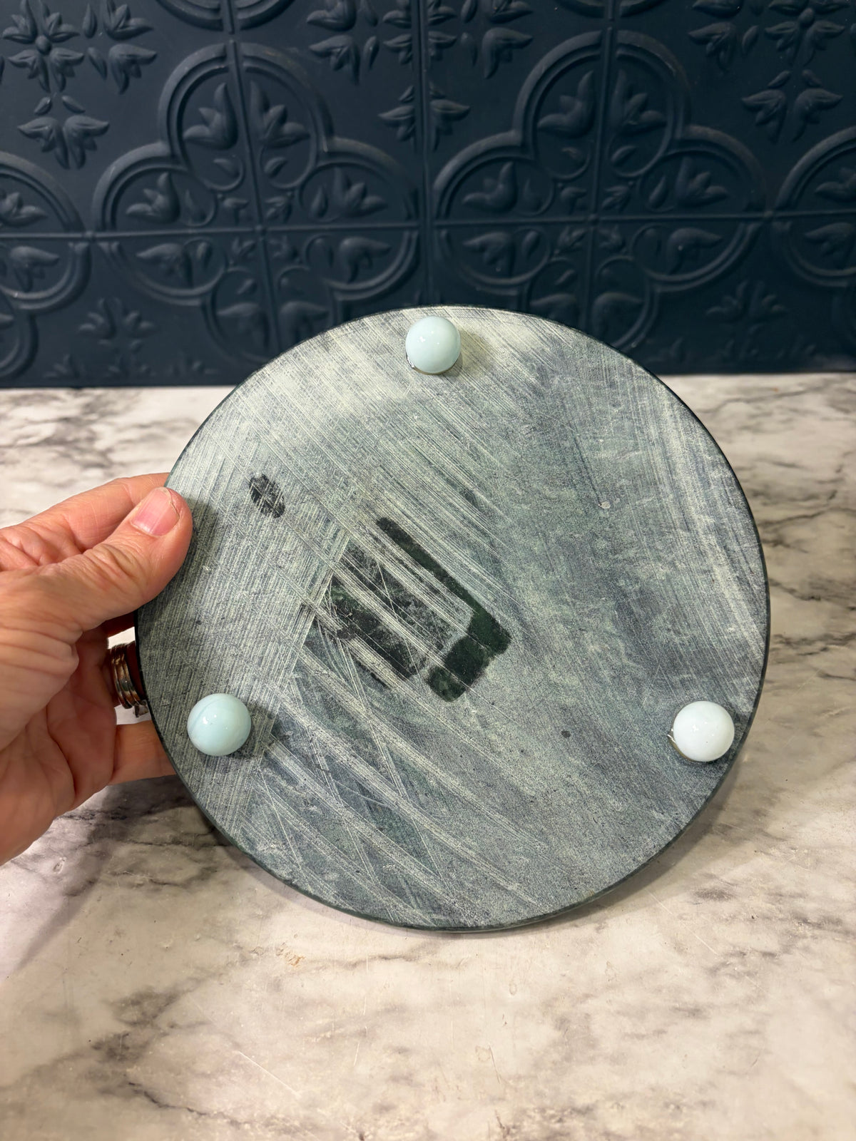 Round Green Marble Trivet  7"