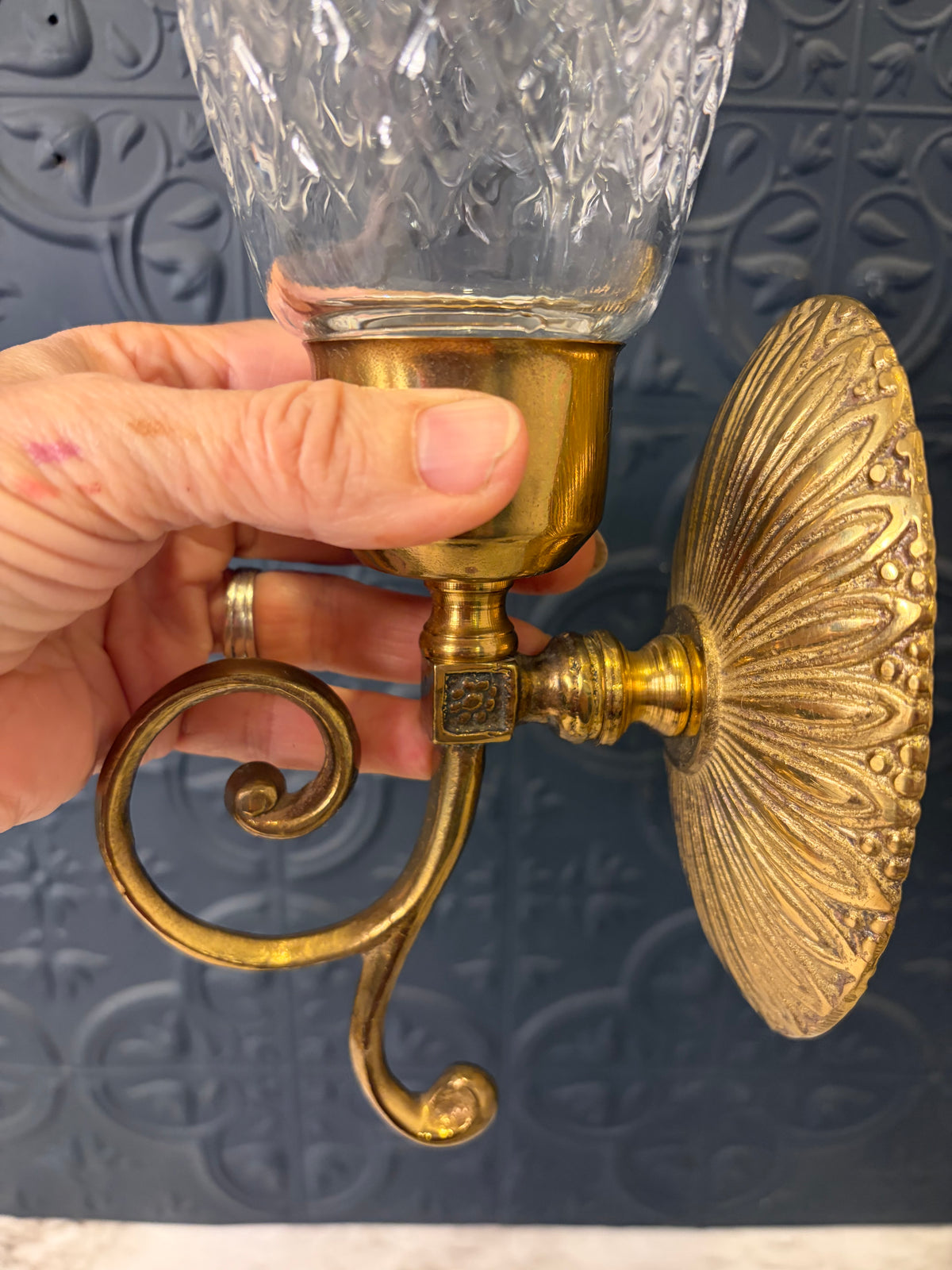 Set of 2 Brass Wall Sconce with Diamond Pattern Hurricane