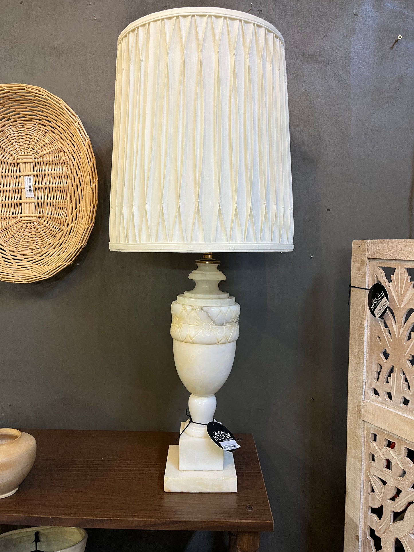White Alabaster stone lamp with carved flowers