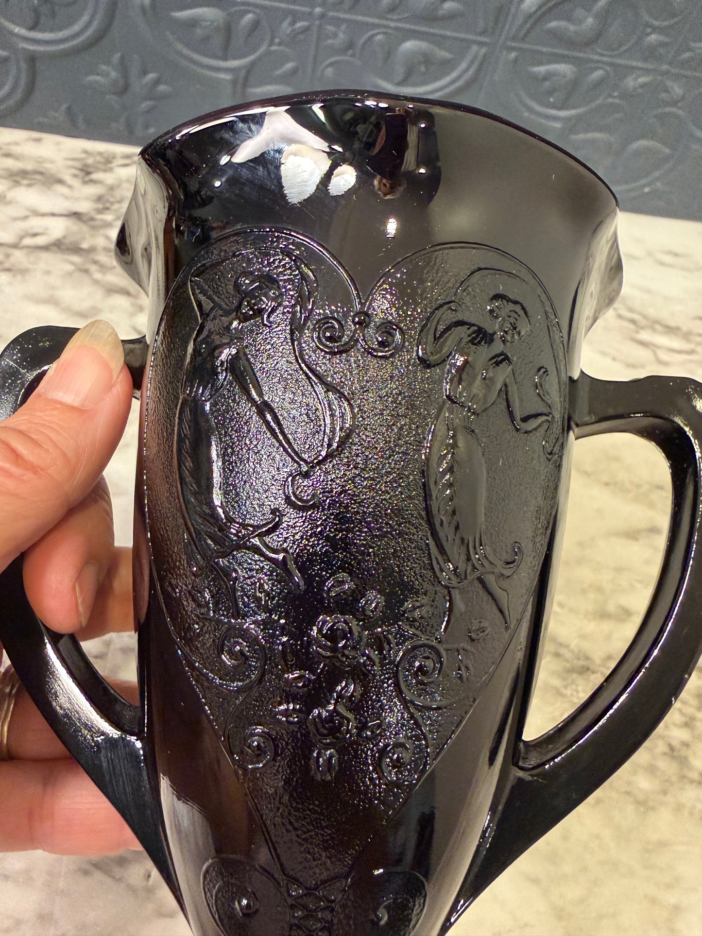 LE Smith Black Glass Trophy vase with Dancing Nymphs