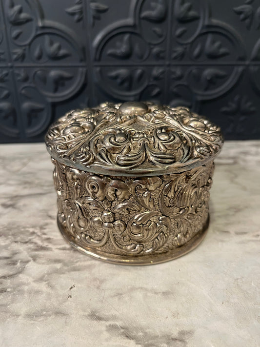 Ornate Round Trinket box with Blue Velvet interior