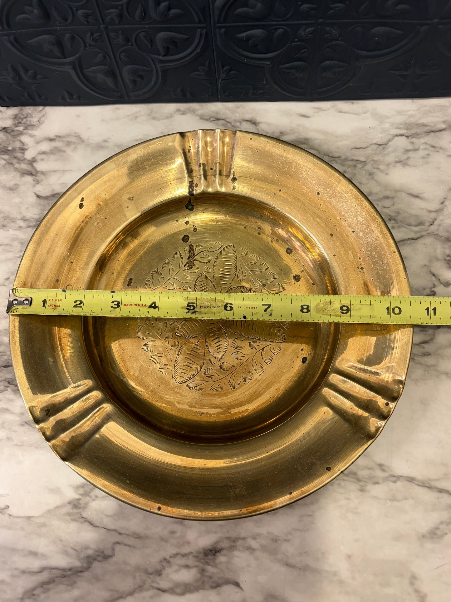 Large Brass Ashtray with Etching in Middle