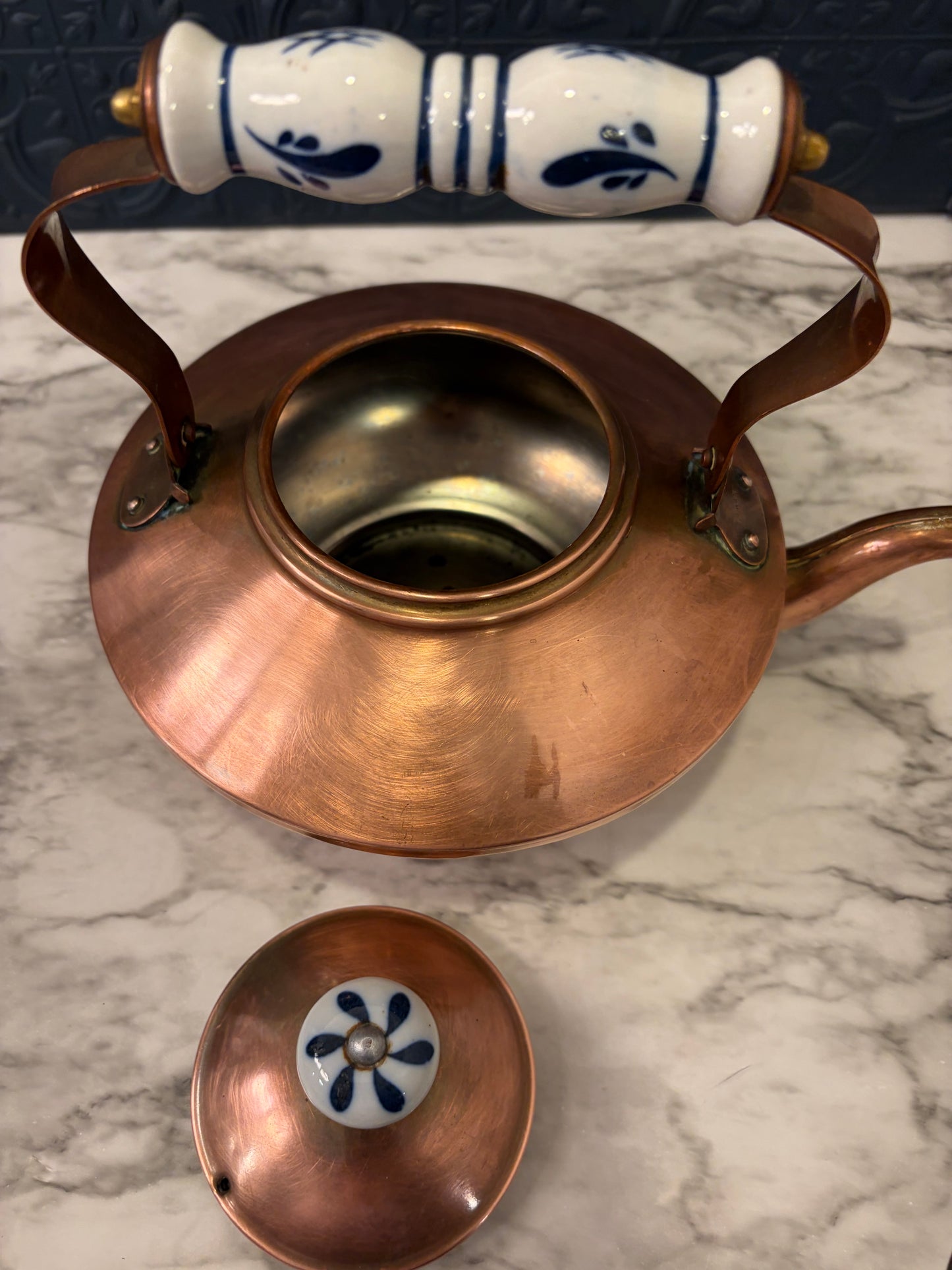 Copper Teapot Kettle with Porcelain Handles