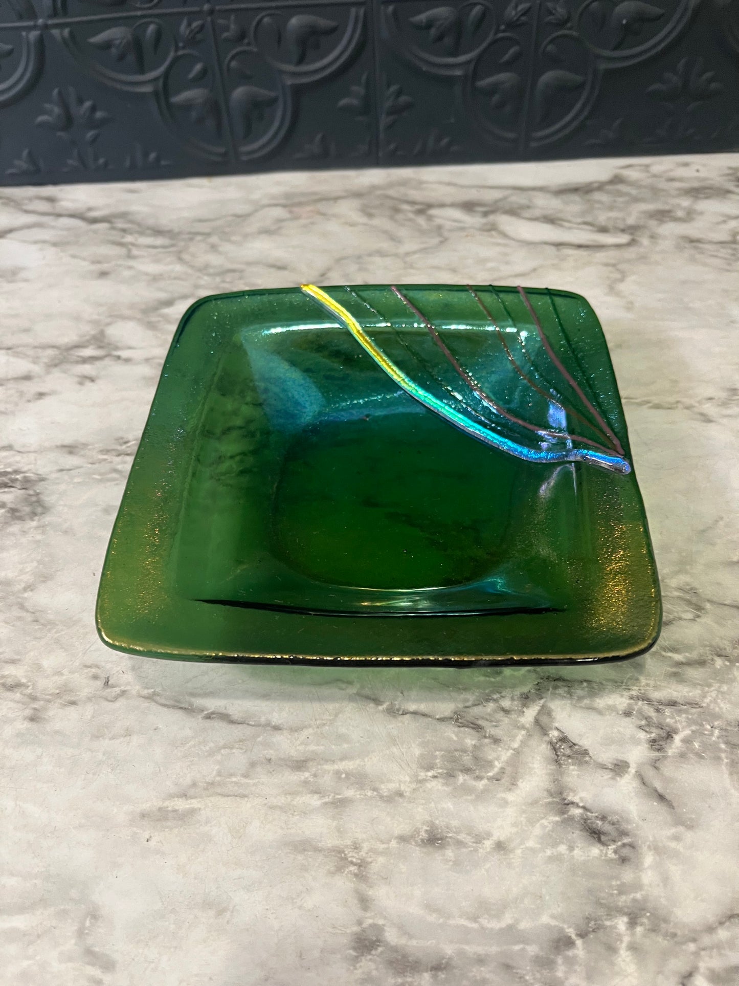 Handmade Fused Art Square Dish Green