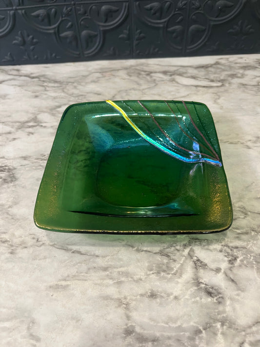 Handmade Fused Art Square Dish Green