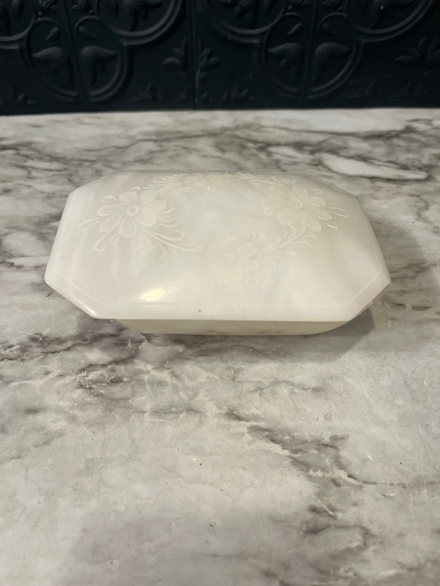 White Stone Etched Trinket Box