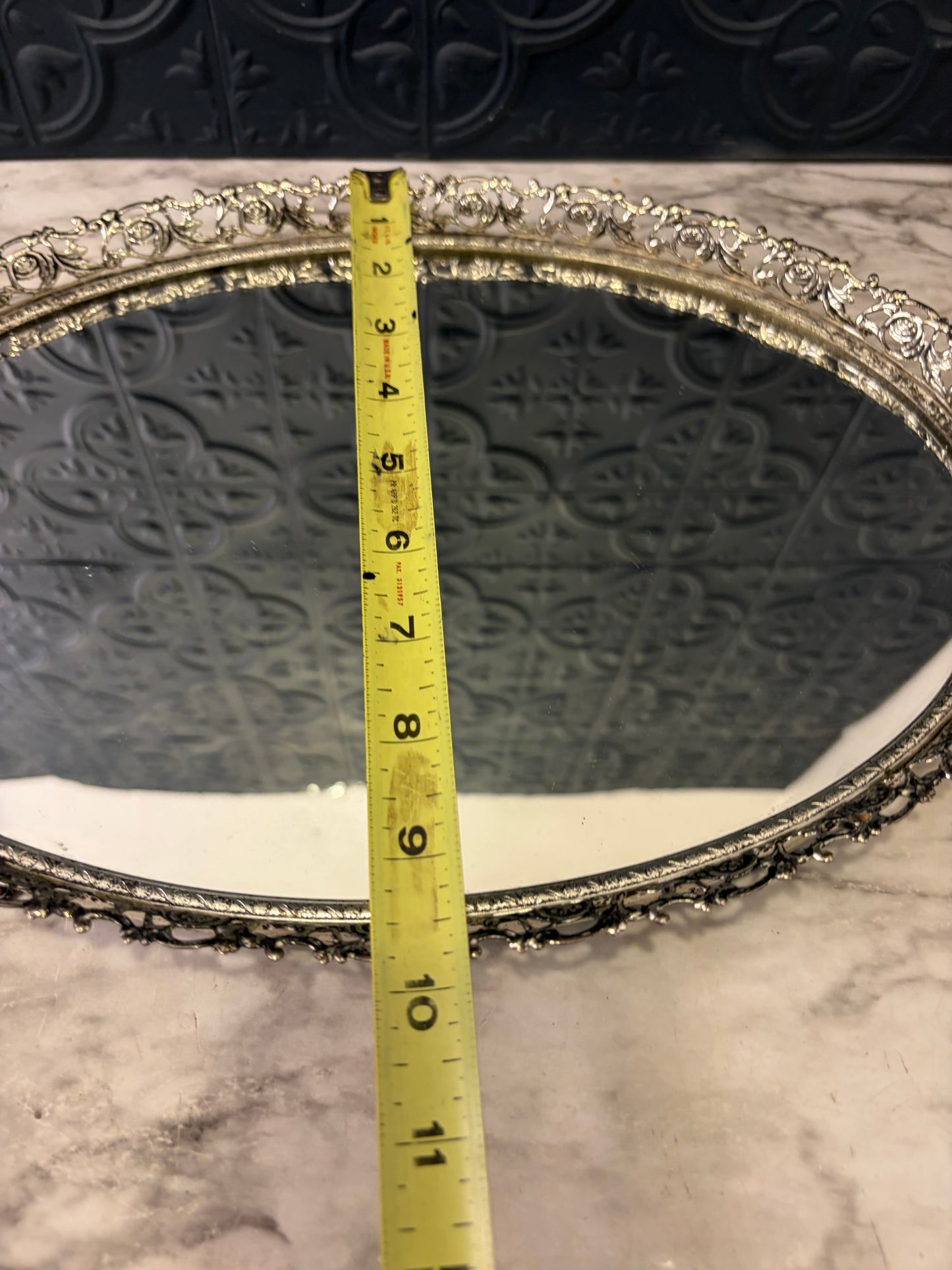 14" Silvertone Filigree Oval Mirror Tray