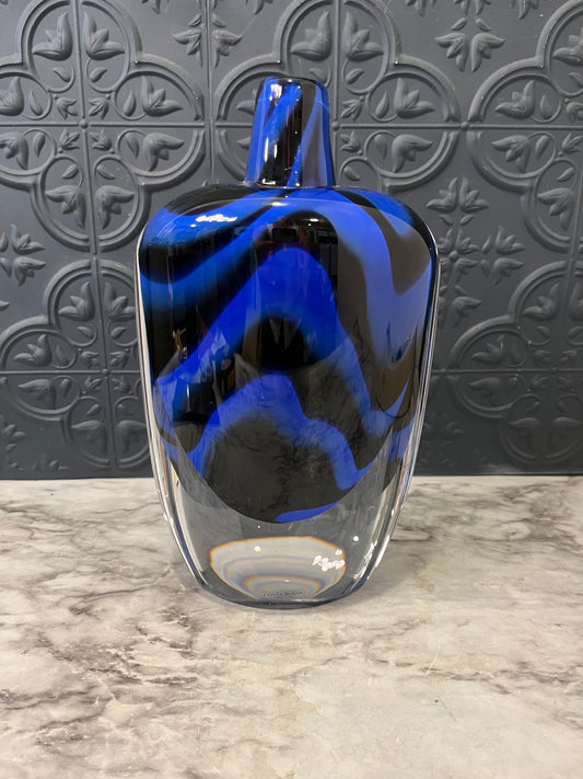 Kosta Boda Blue and Black Swirl Vase