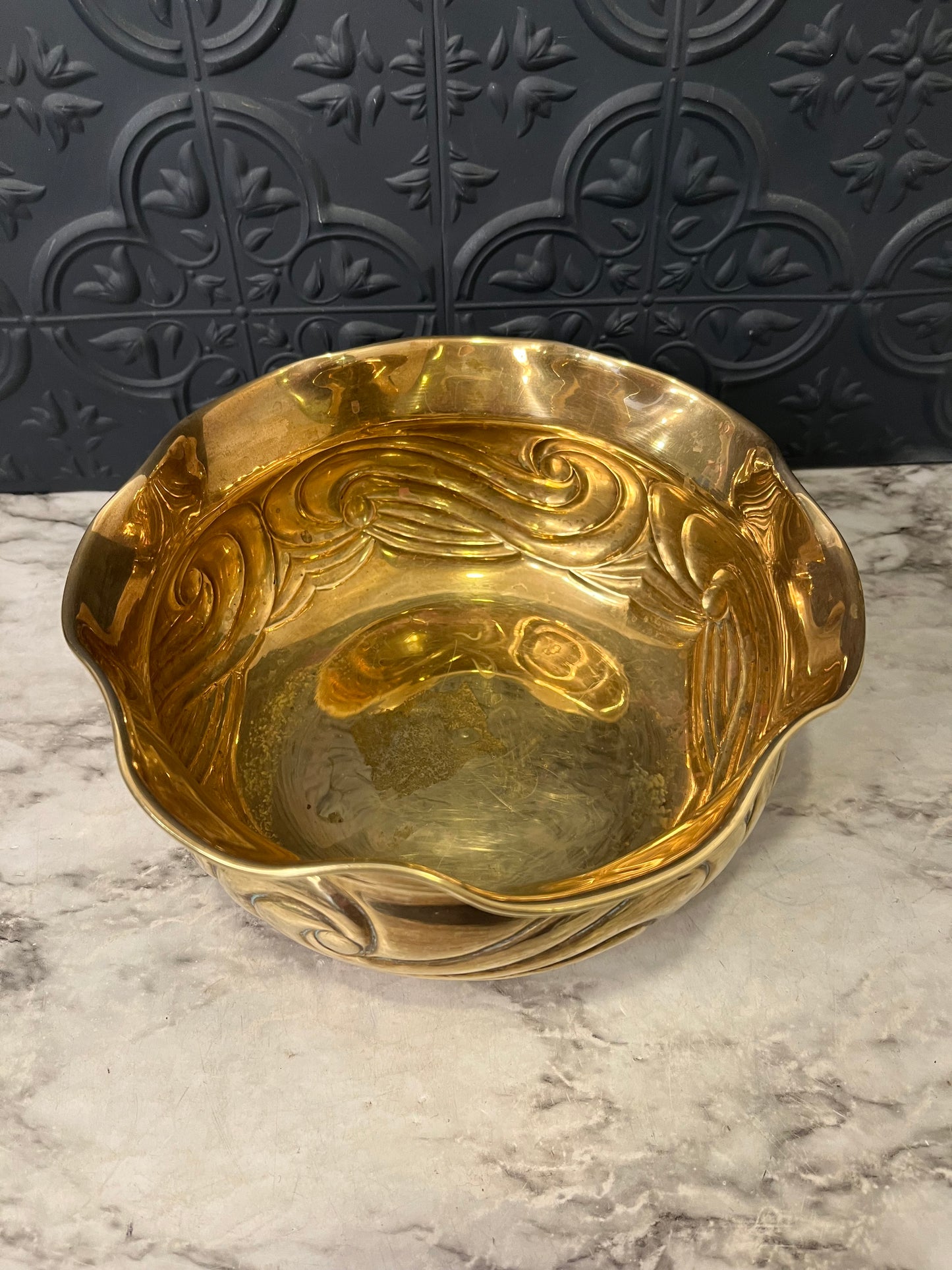 Brass Bowl with Swirl Design and Ruffle Top