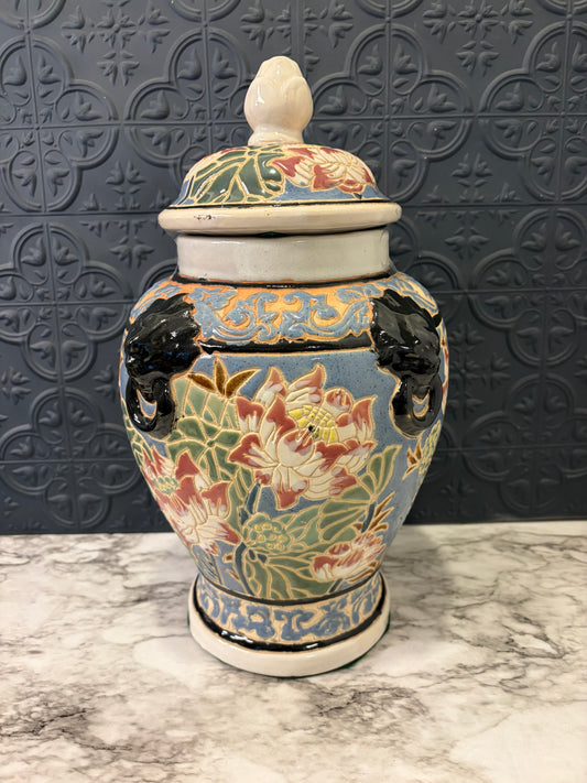 Ceramic Ginger Jar with Flowers and Lion Handles AS IS