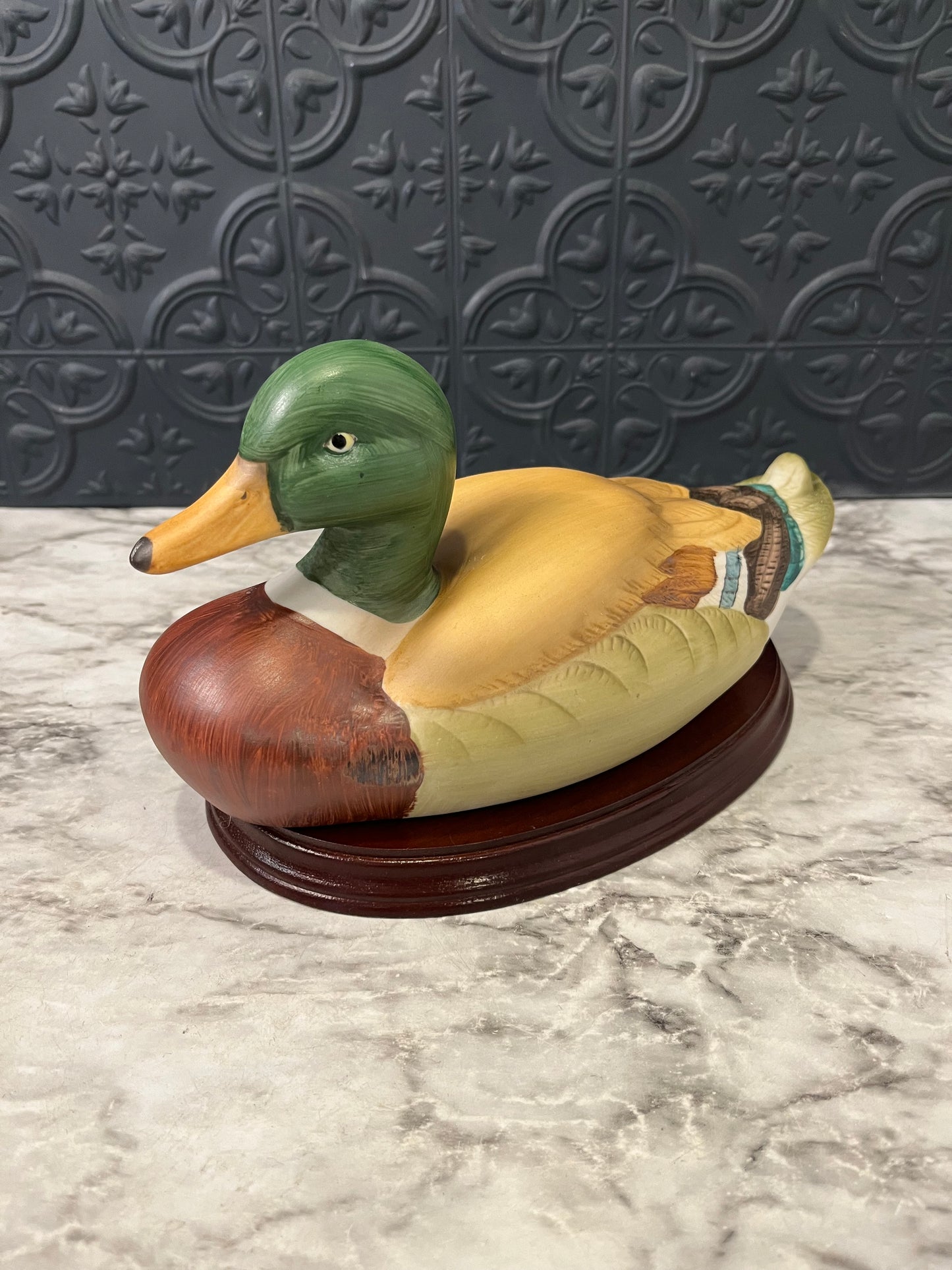 Vintage Hand Painted Ceramic Mallard on Wood Base