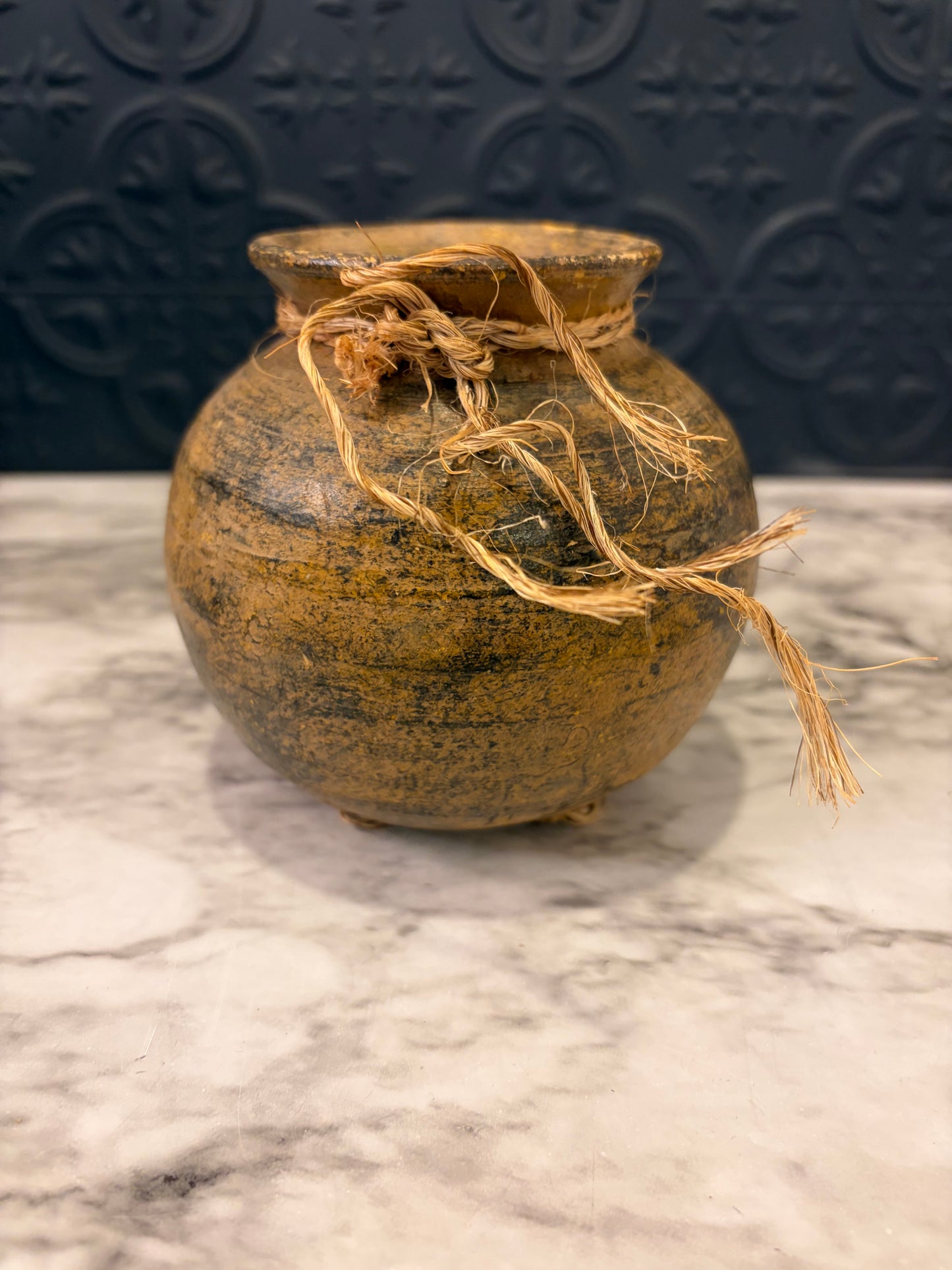 Small Round Pottery Vase with Raffia Tie