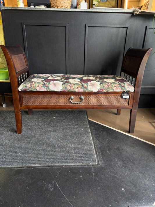 Dark Wood Storage Bench with Floral Seat