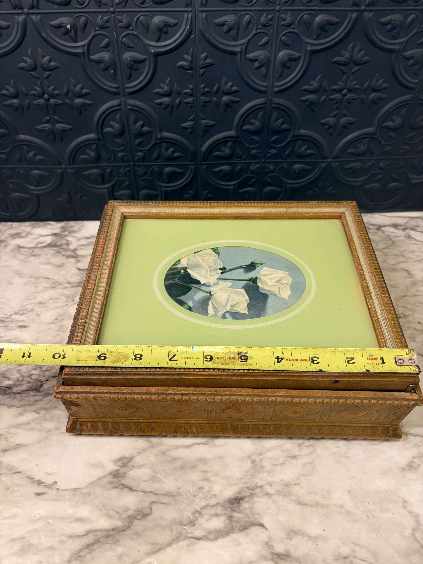 Vintage Wood Jewelry Box with Floral Lid