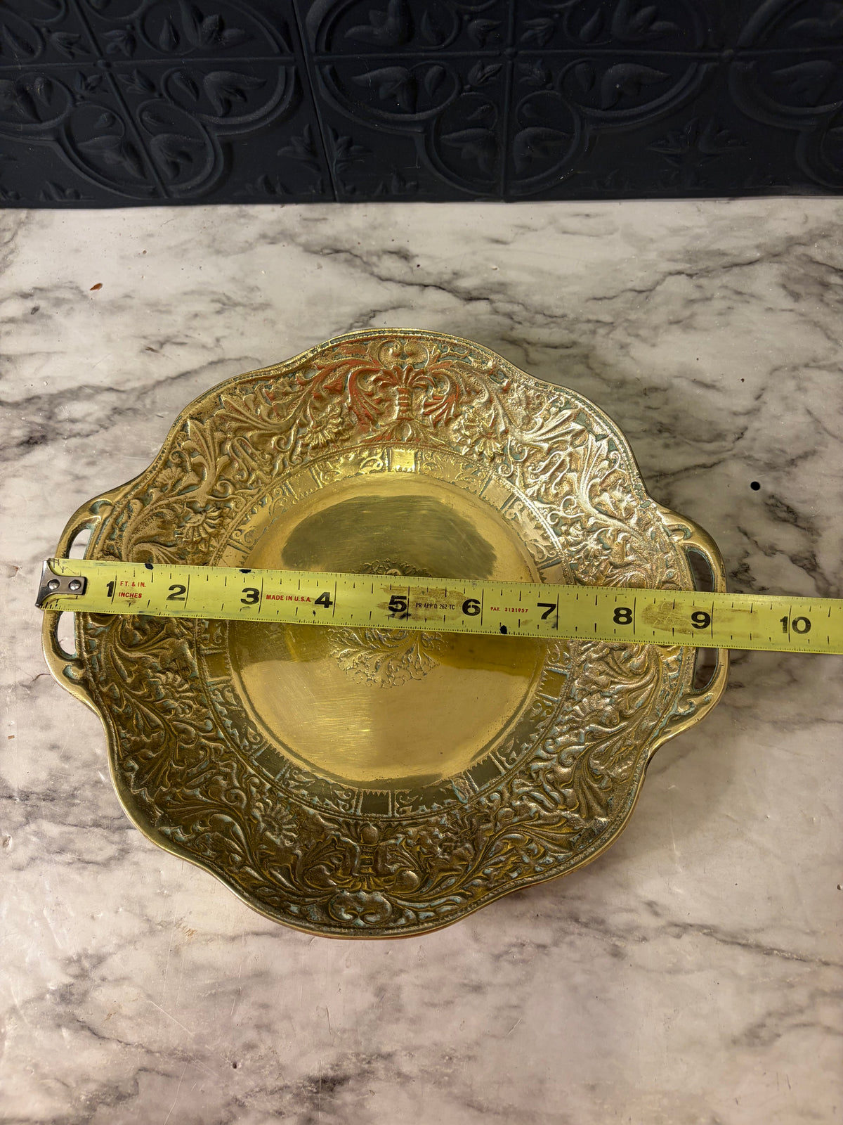 Round Brass Serving Tray with Deep Etching and handles