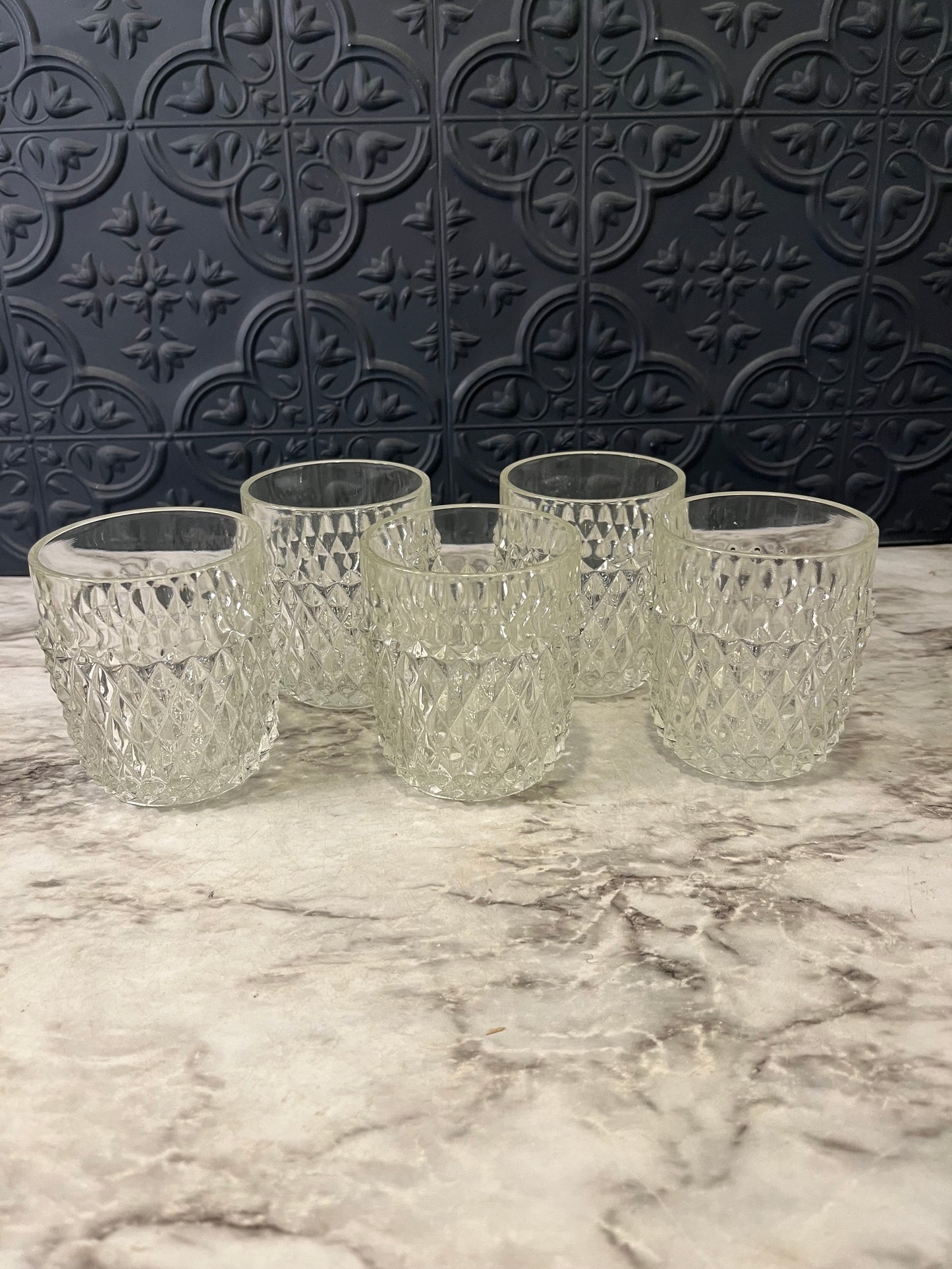 Indiana Glass Diamond Point Whiskey Tumblers x 5