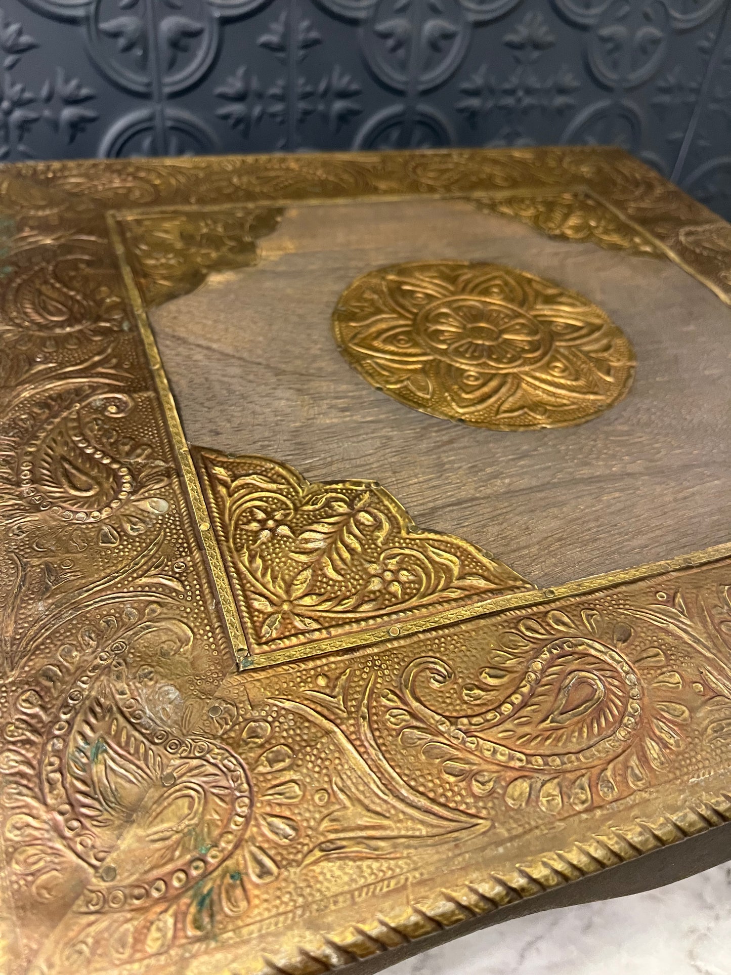 Embossed Metal and wood Riser (pooja chowki)