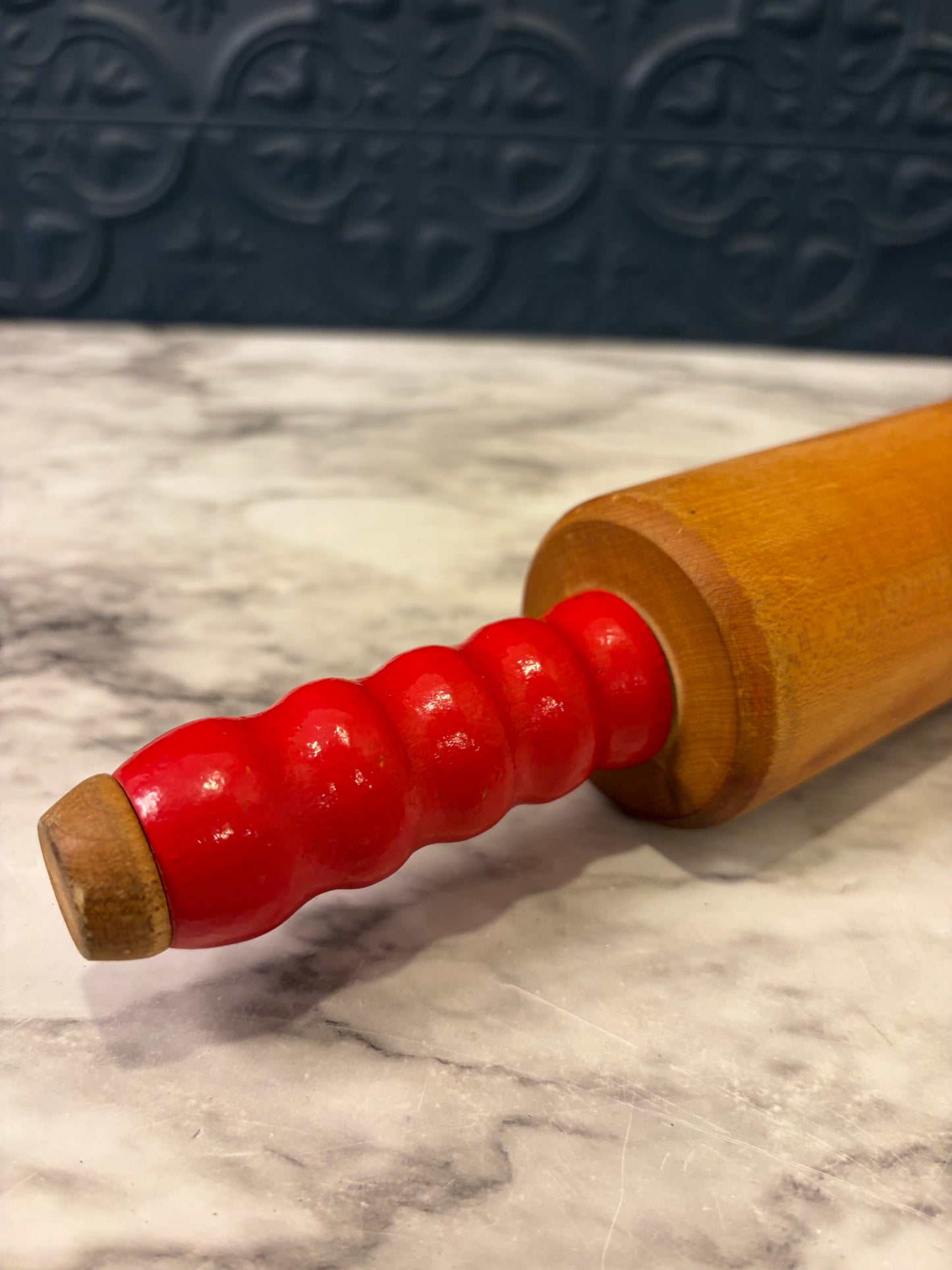 Wood Rolling Pin with Bright Red Handle