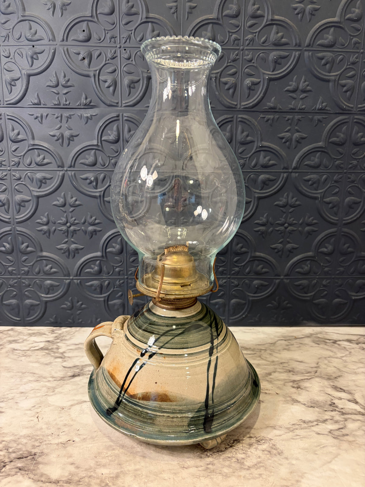 Oil Lamp with Pottery Base and Clear Hurricane