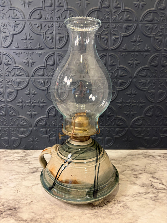 Oil Lamp with Pottery Base and Clear Hurricane