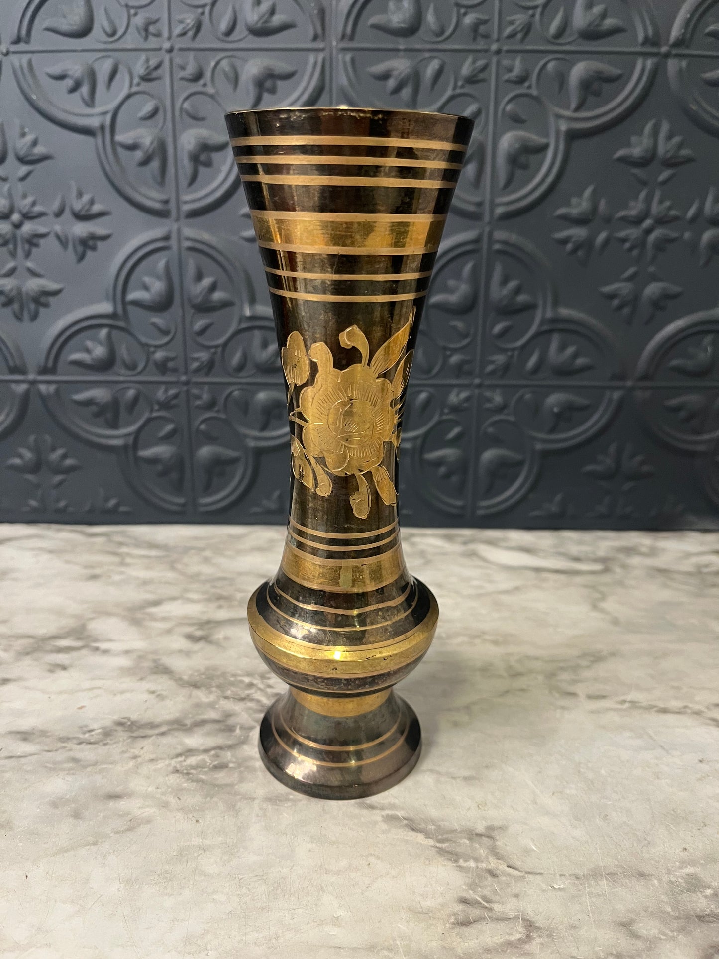 Black and Gold Etched Vase with Floral Center