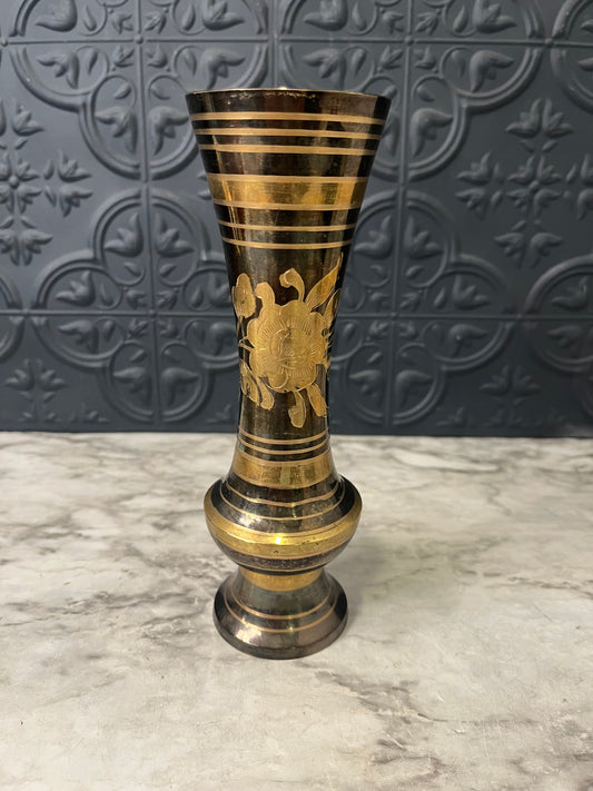 Black and Gold Etched Vase with Floral Center