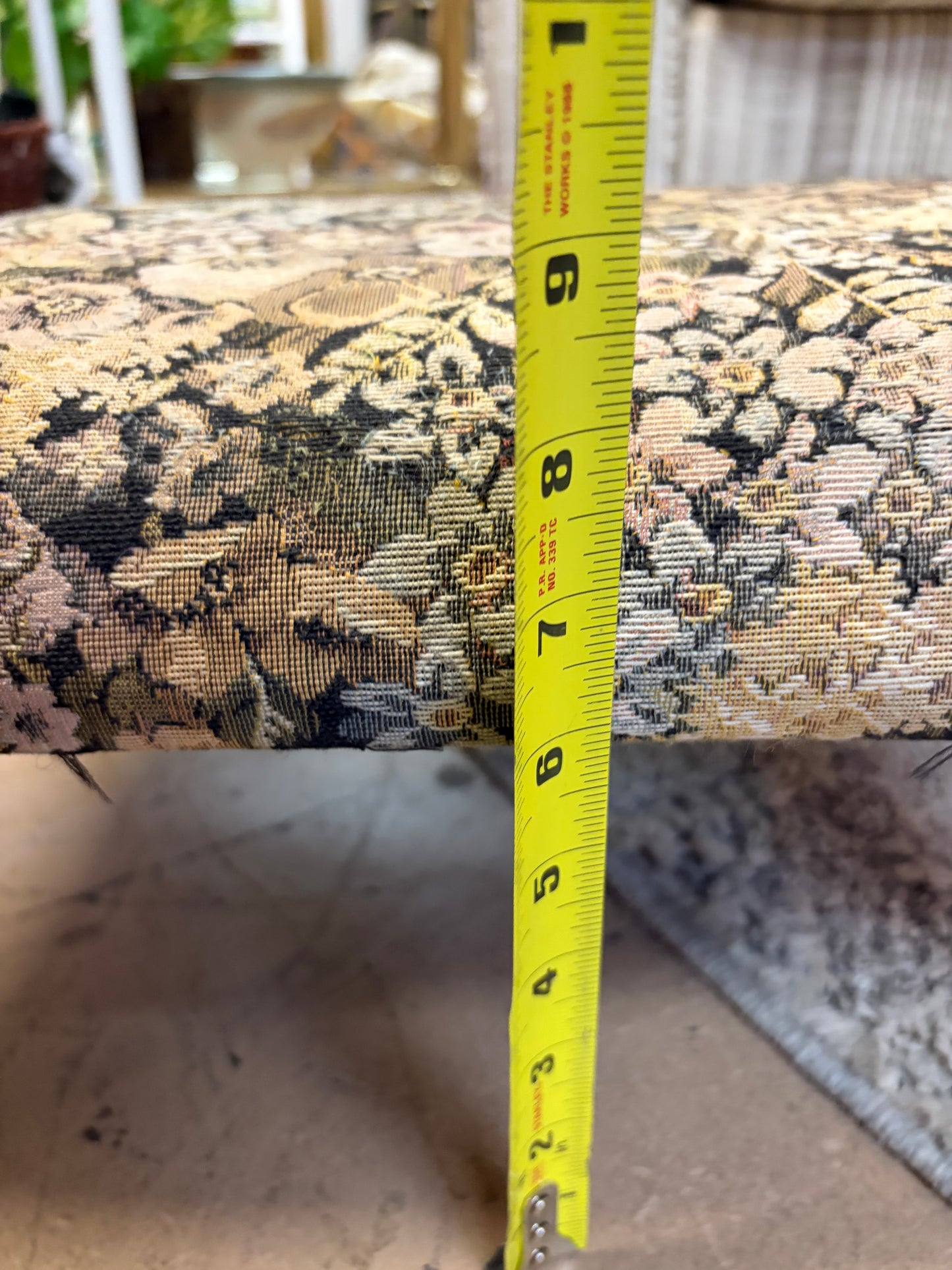 Tan and Black Floral Stool with Metal Legs