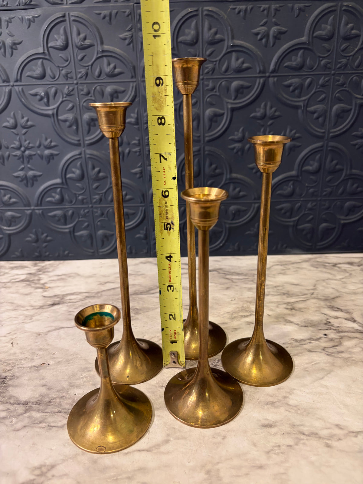 Set of 5 Skinny Brass Candle Holders 9.5" to 3"