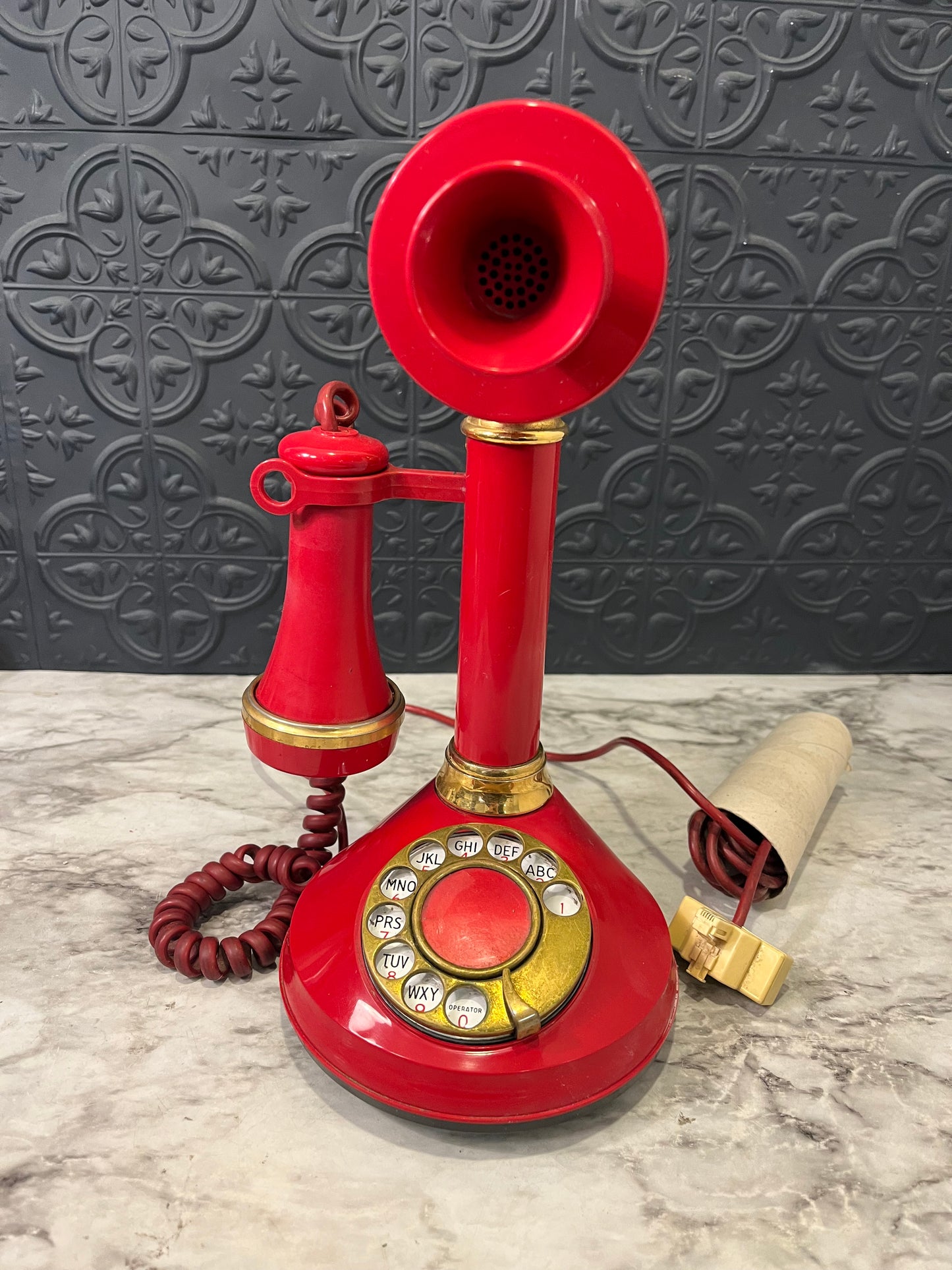 Vintage Red and Gold Candlestick Telephone