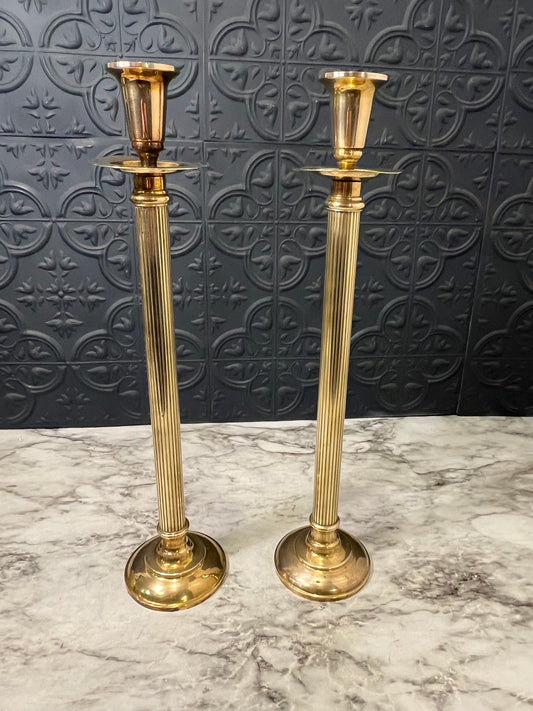 Brass Candlesticks with ribbed stem x2