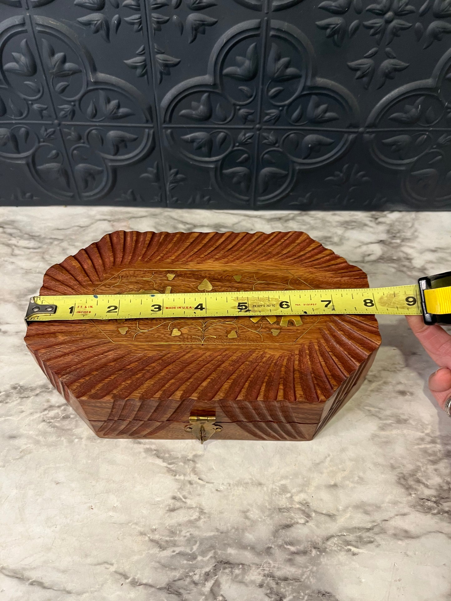 Carved Wooden Jewelry Box with Brass Inlaid Elephants