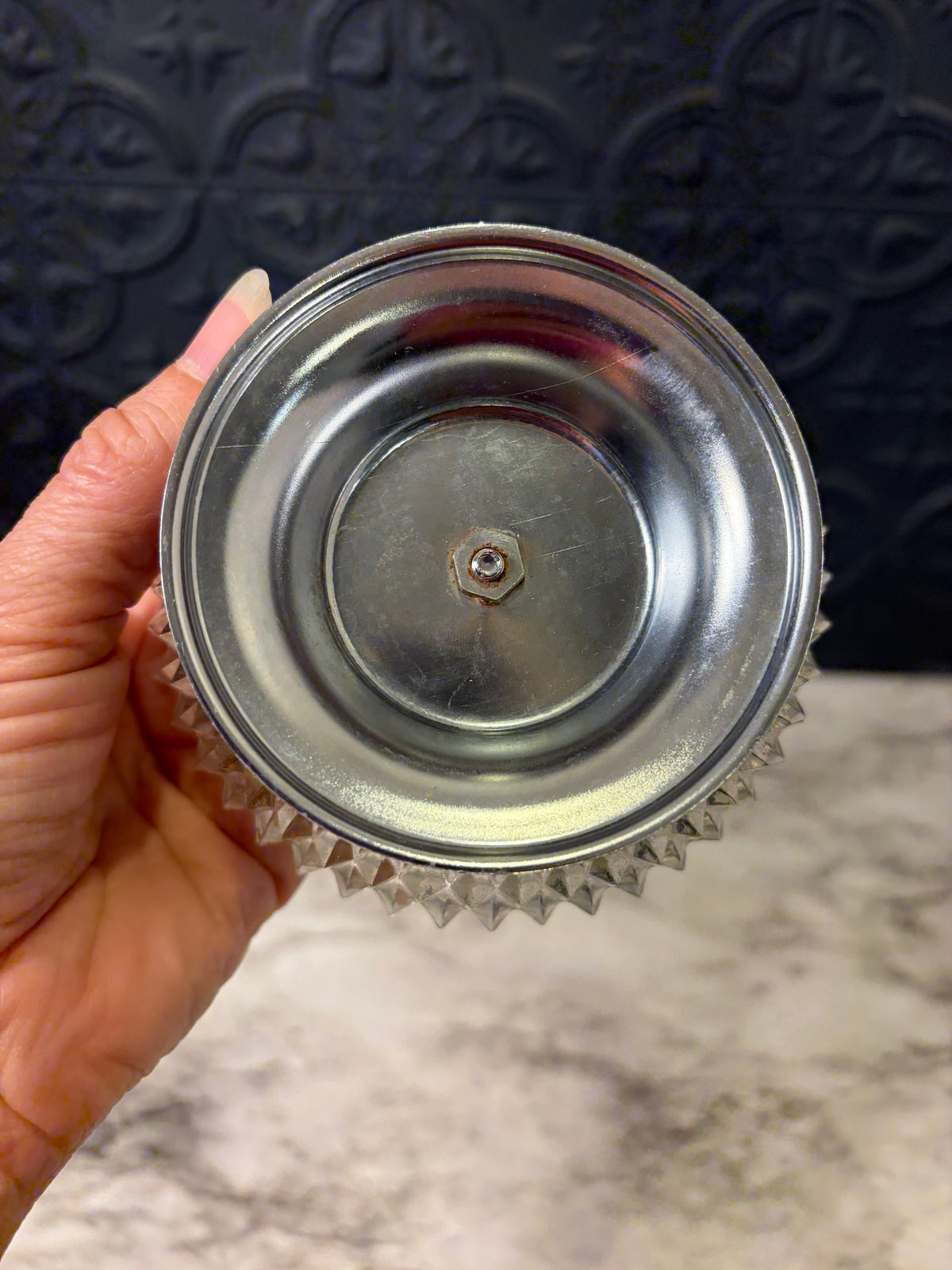 Small Pressed Glass Bowl with Diamond Point Pattern and silvertone base
