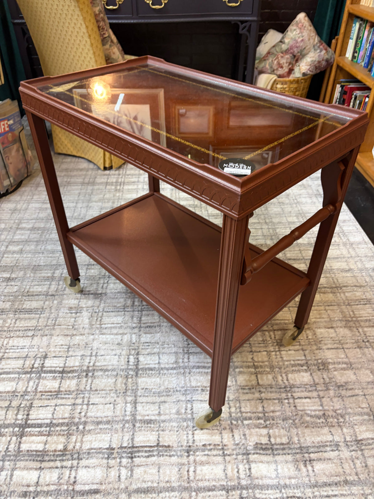 Vintage Bar Cart Painted Mahogany With Leather and Gold Top