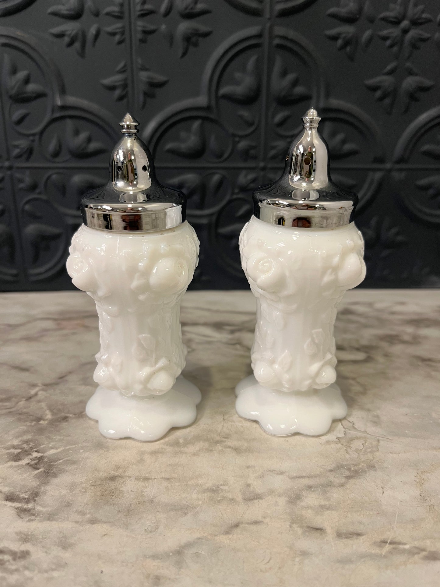 Fenton Cabbage Milk Glass Salt and Pepper Shakers