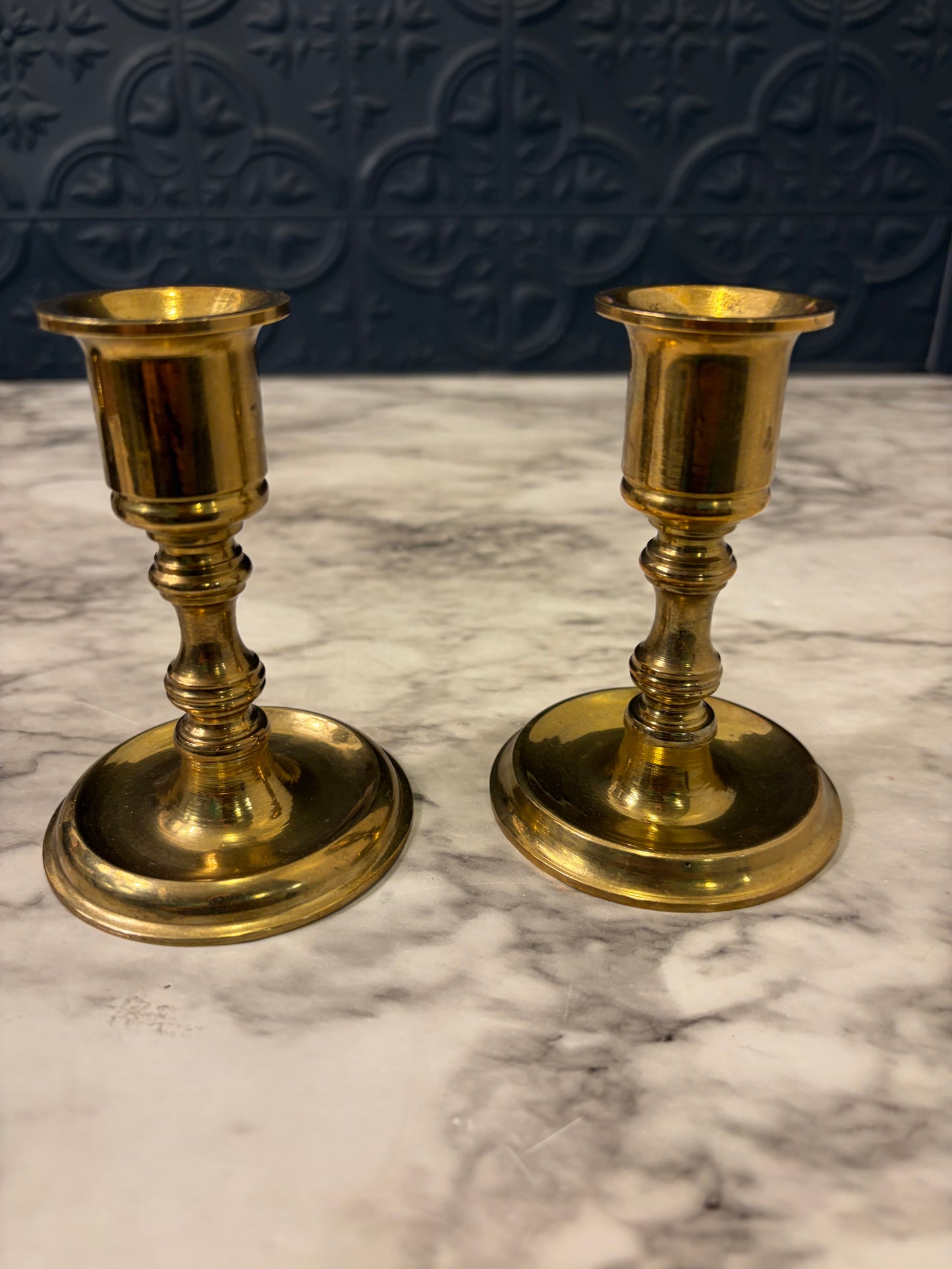 3.75 Set of Brass Candle Holders Round Base