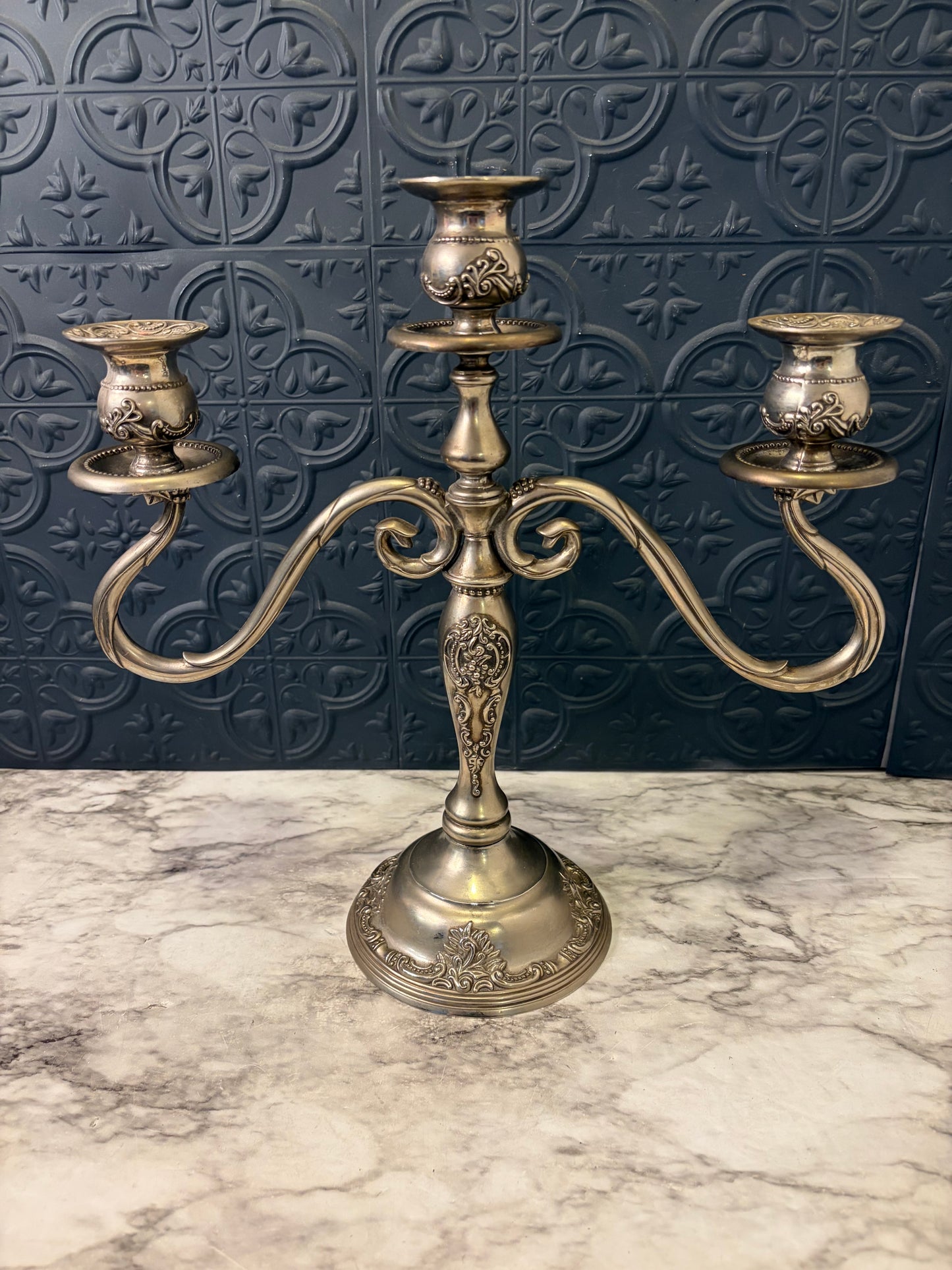 Silver Plate Godinger Ornate 3 Arm Curvy Candelabra