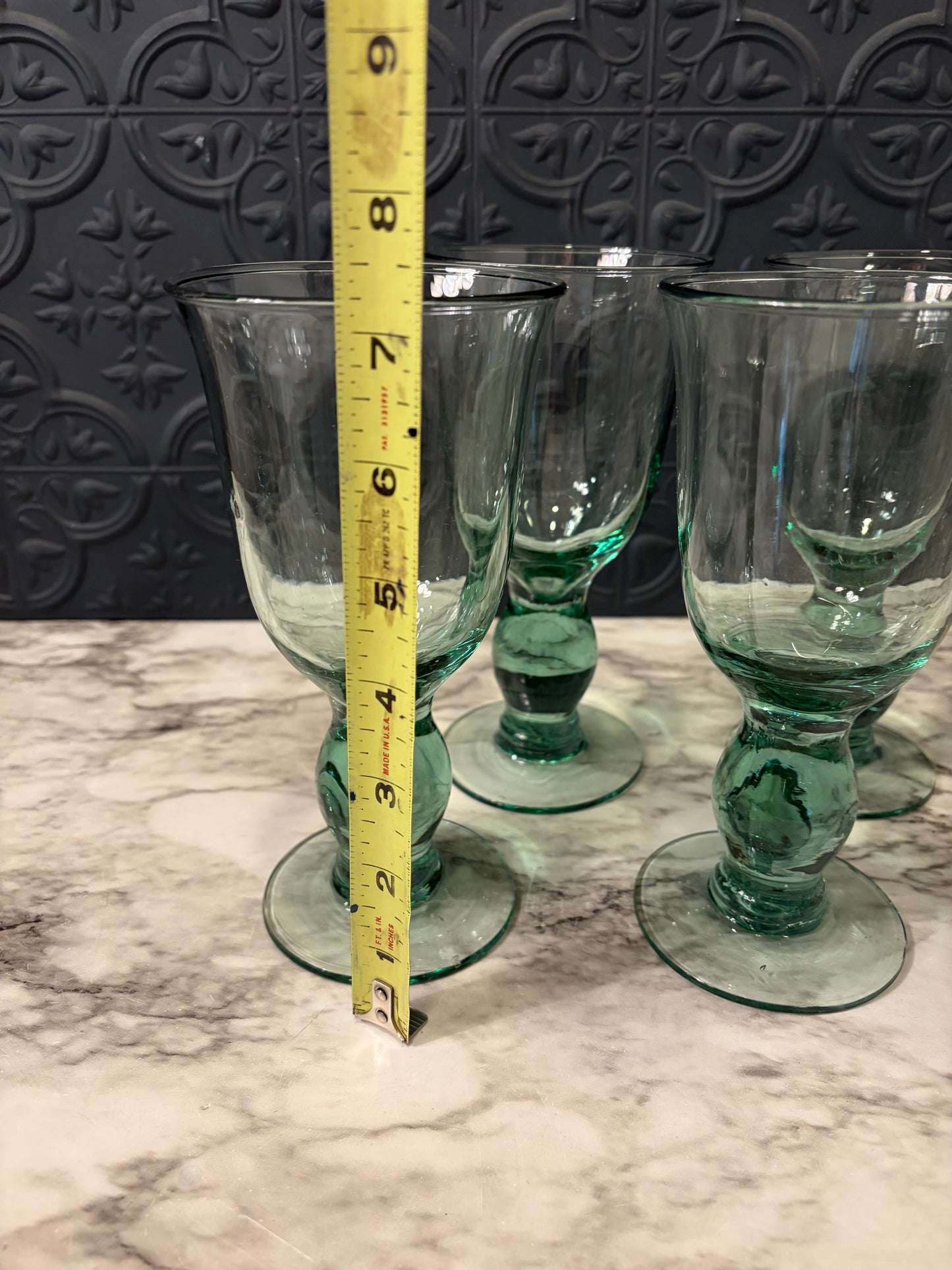 Seafoam Green Glass Goblets with Bublle Stem