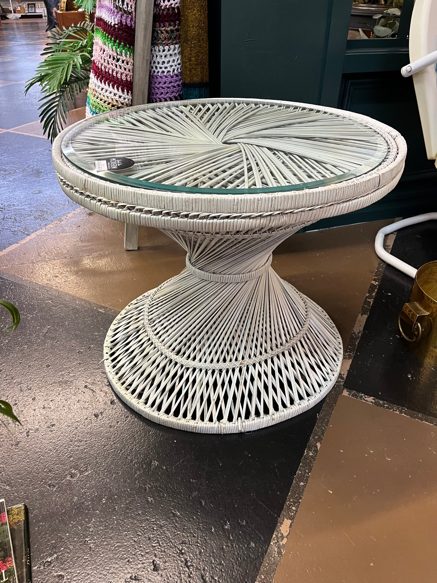 White  Wicker Round Table with Glass Top